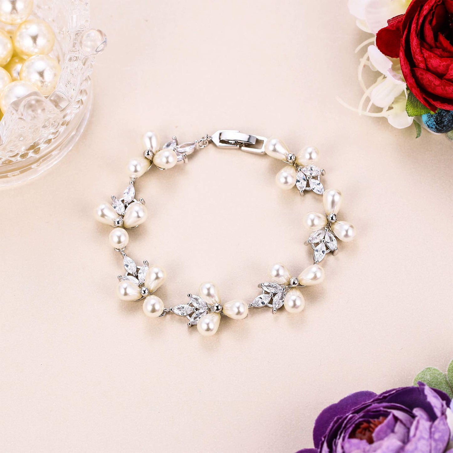 EVER FAITH Women's CZ Cream Simulated Pearl Floral Leaf Wedding Bride Tennis Bracelet Clear Silver-Plated-Brass