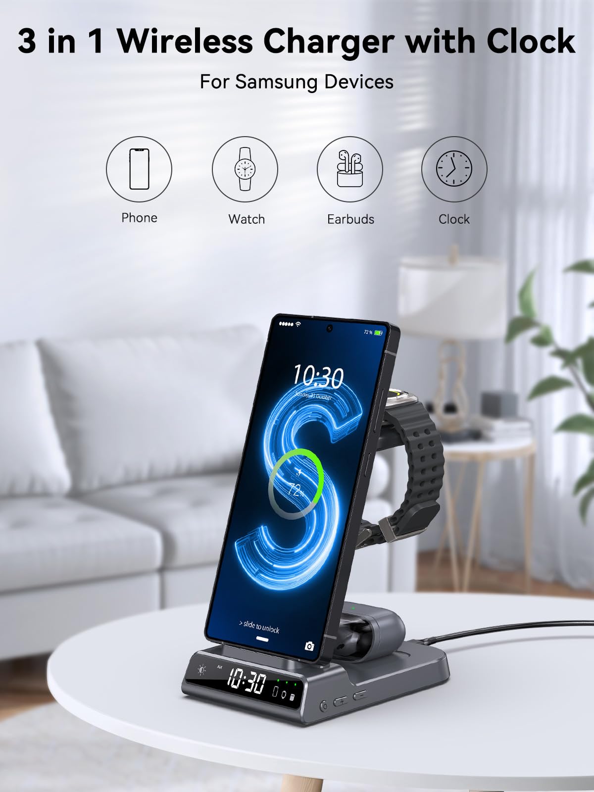 Wireless Charger for Samsung Charging Station with Clock for Samsung Galaxy S25 Ultra/S24/Z Flip 7/Z Fold 6/Bud, 3 in 1 Android Charging Station, Watch Charger for Samsung Galaxy Watch 8/7/6/5 (Grey)