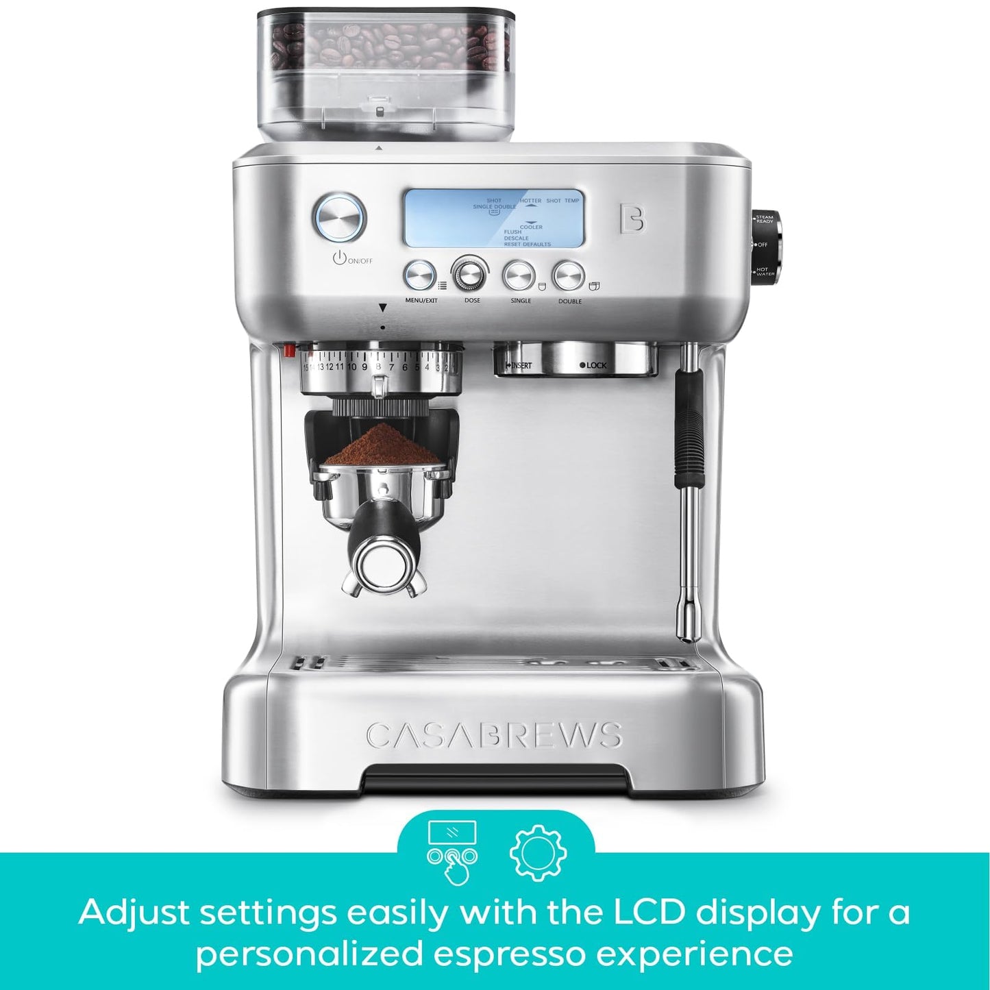 CASABREWS 5700Pro Espresso Machine with Grinder, Professional Coffee Maker with Milk Frother Steam Wand, Barista-Quality Cappuccino Latte Machine with LCD Display, Great for Coffee Enthusiasts