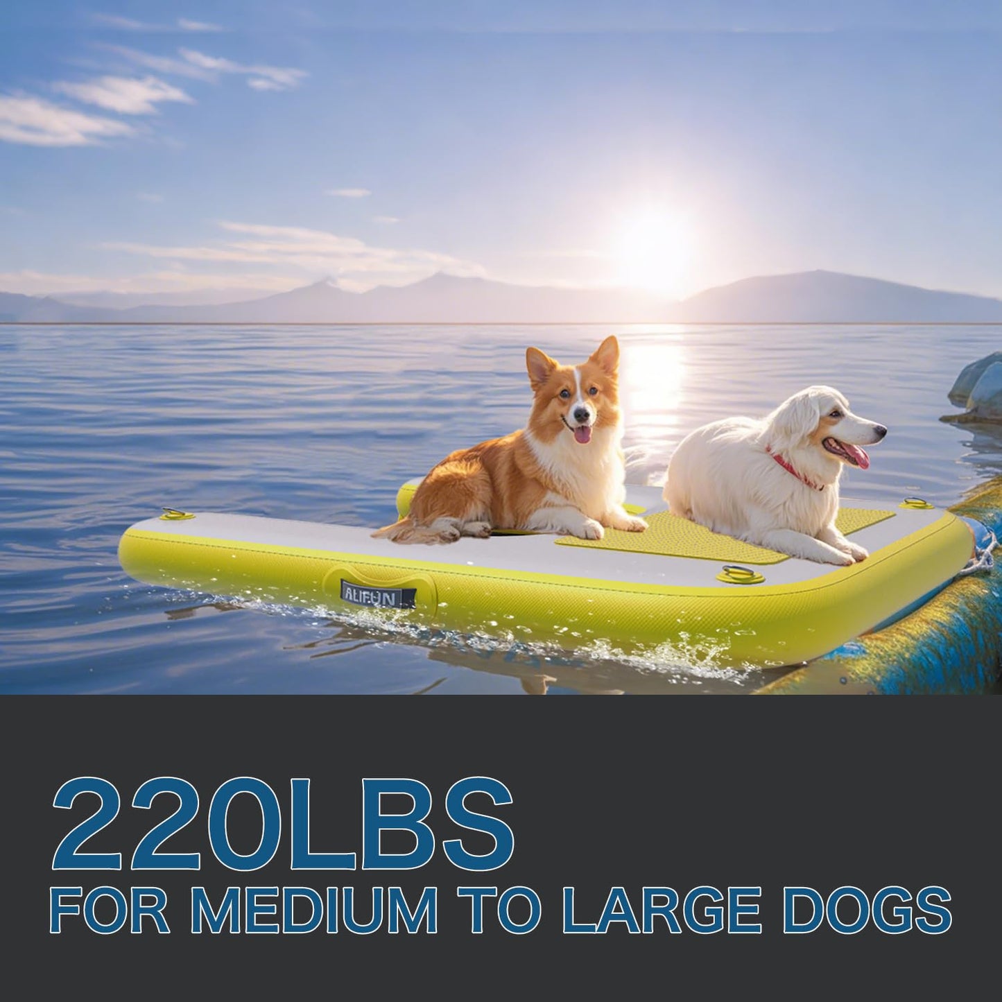 ALIFUN Inflatable Dog Ramp For Boat, Large Dog Water Ramp with Manual Pump, Non-Slip EVA Durable Floating Dock Ladder Up to 90 LBs, Pup Plank for Swimming Pool, Boat, Lake & Ocean (55"L x 39"W x 4"H)