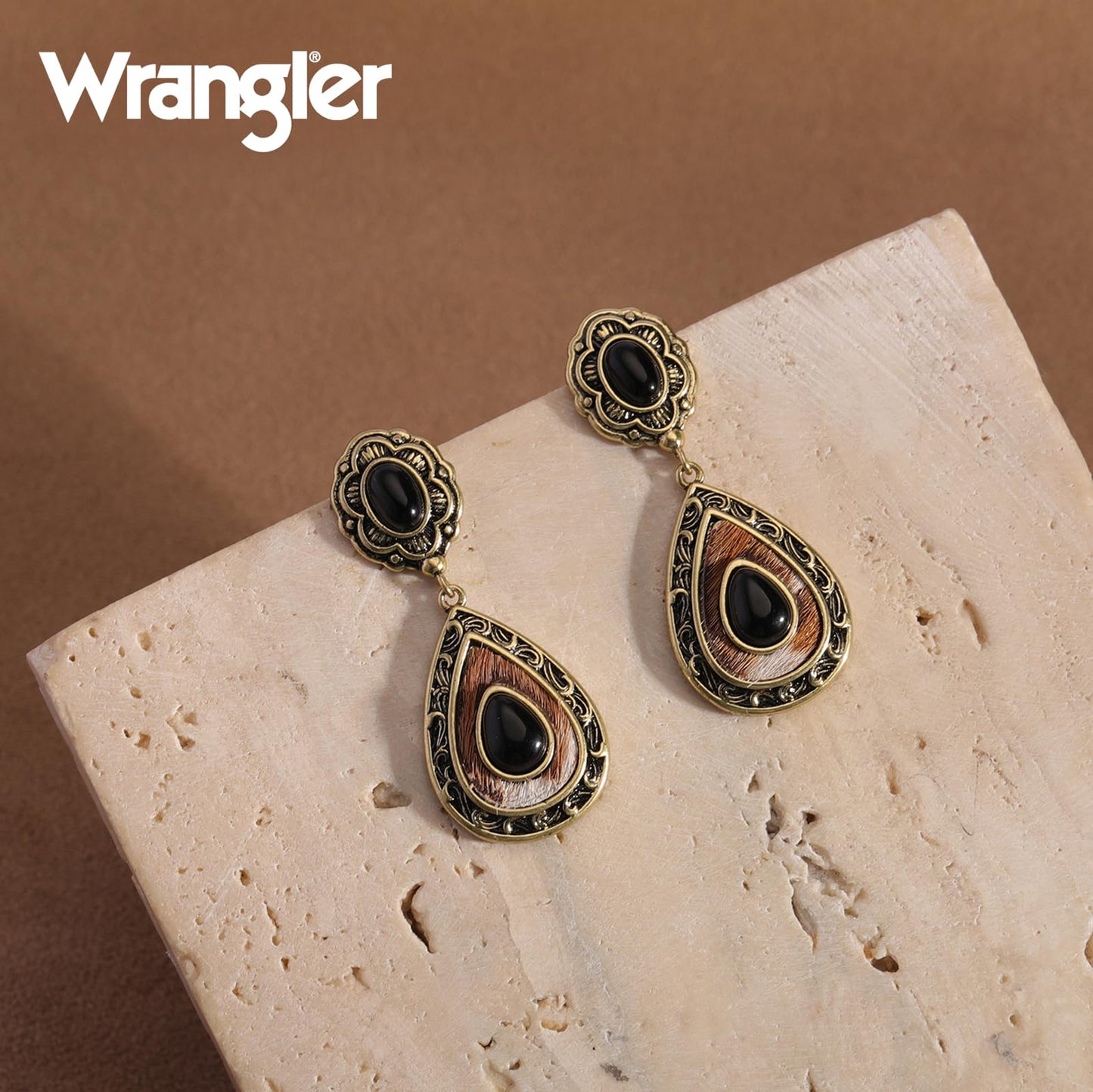 Wrangler Western TearDrop Dangle Earrings for Women Country Statement Genuine Horsehair Turquoise Vintage Cowgirl Cowboy Jewelry (Gold-Black)