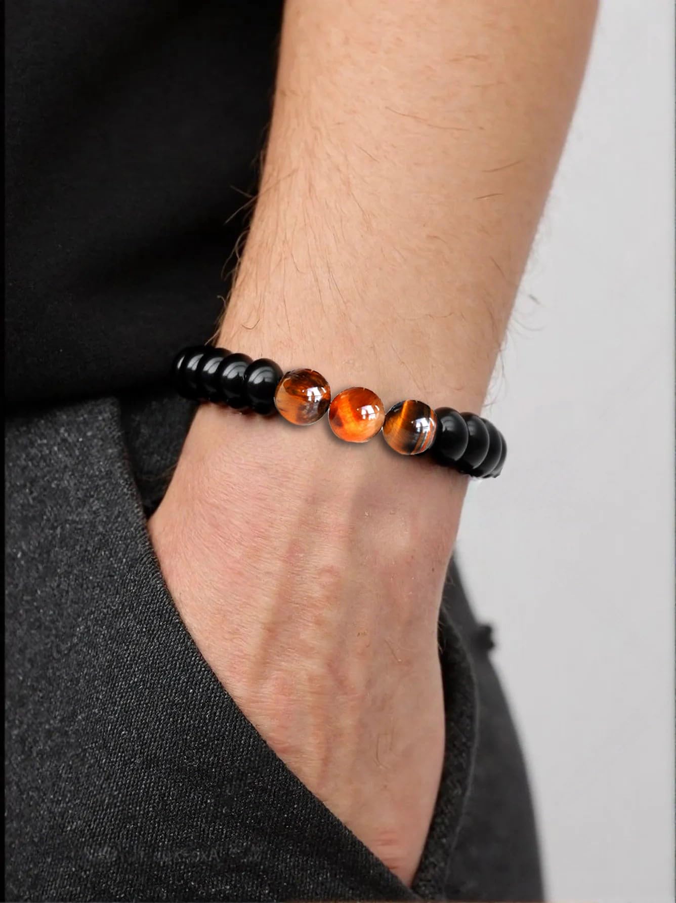 merihong Handmade Yoga Stretch Elastic Bracelet Natural Stone Crystal Healing Power Energy Gifts for Unisex Adult 6mm （Rose Quartz） (Obsidian)