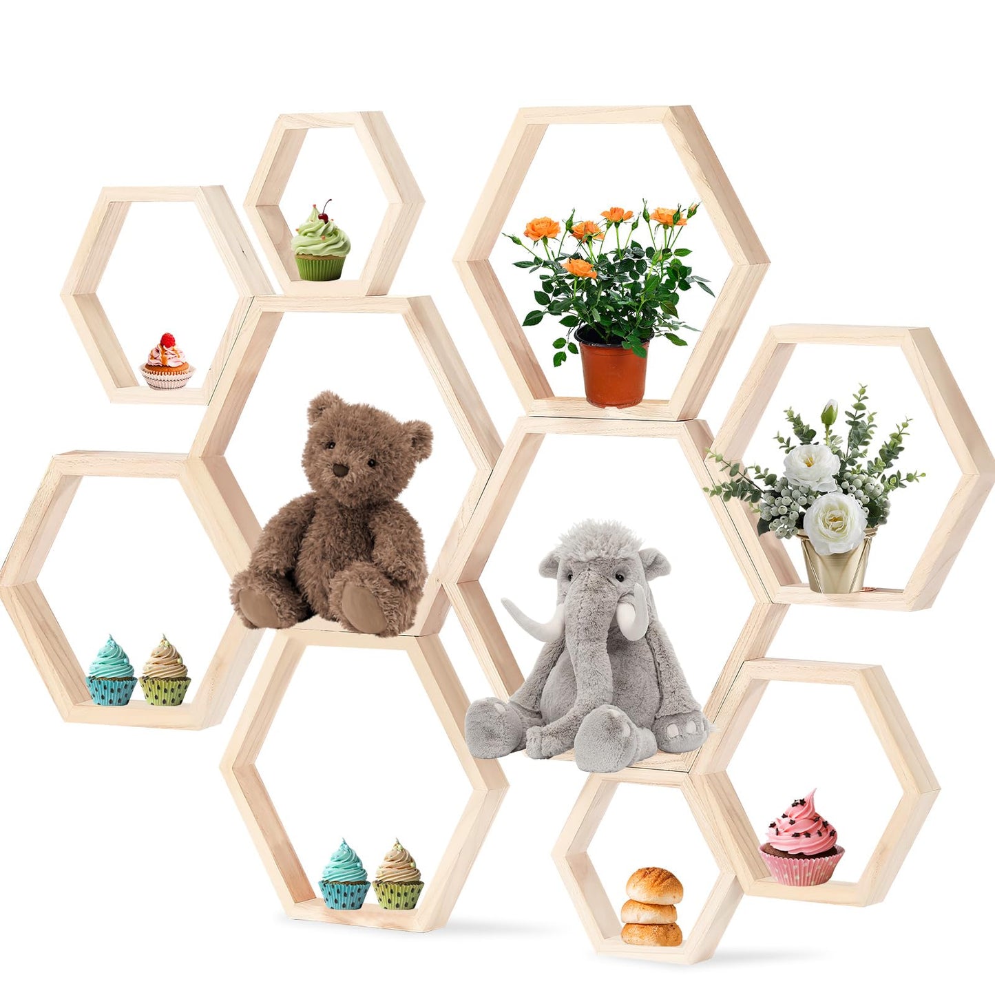 CIEOVO 10 Pcs Honey Comb Decorations, 5 Sizes Farmhouse Wood Hexagon Shelves Honeycomb Centerpiece Cupcake Stand Bee Hive Display Holder for DIY Birthday Wedding Baby Shower Honeybee Party Decor