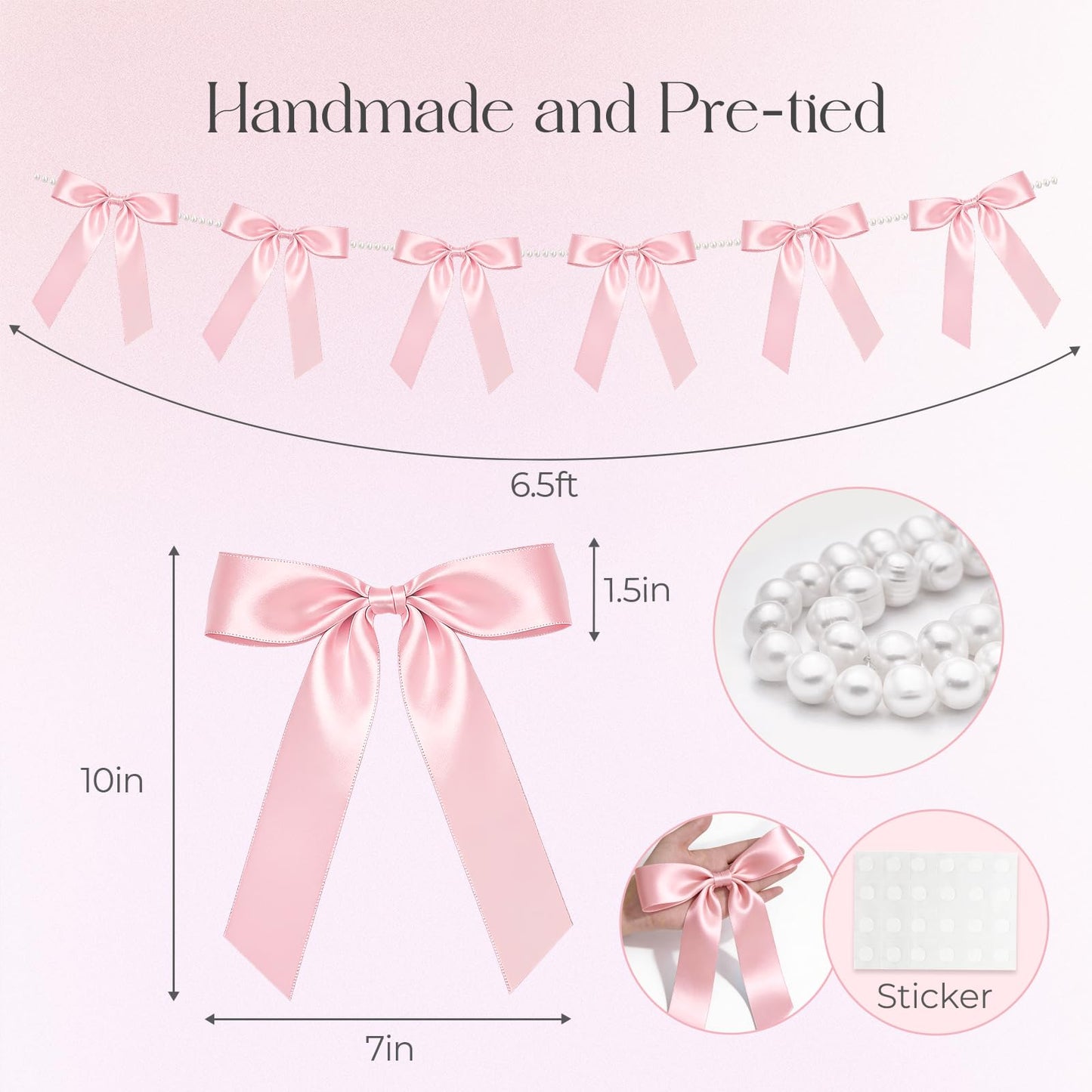 2 Strings Pink Bow Garland Banner, Pre-Strung Satin Ribbon with 6.5ft Pearl Chain for Coquette Birthday, Bridal Shower, Bachelorette Party, Baby Shower, Engagement, Graduation & Anniversary Decor