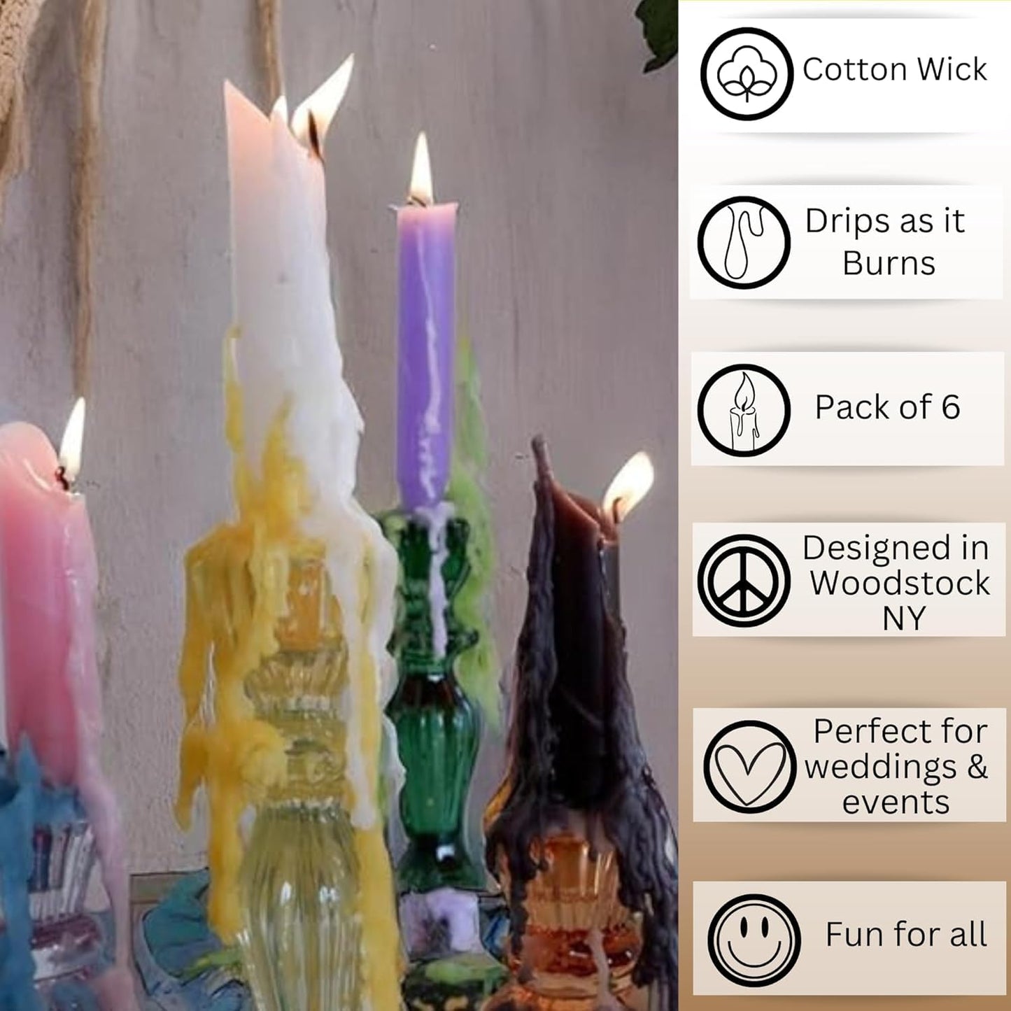 Candlestock Hippie Drippy Drip Candles - Pack of 6 Dripping Tapers - Wine Bottle Melting Candles (Multi Pack (Red, Yellow, Blue, Turquoise, Purple, Pink))