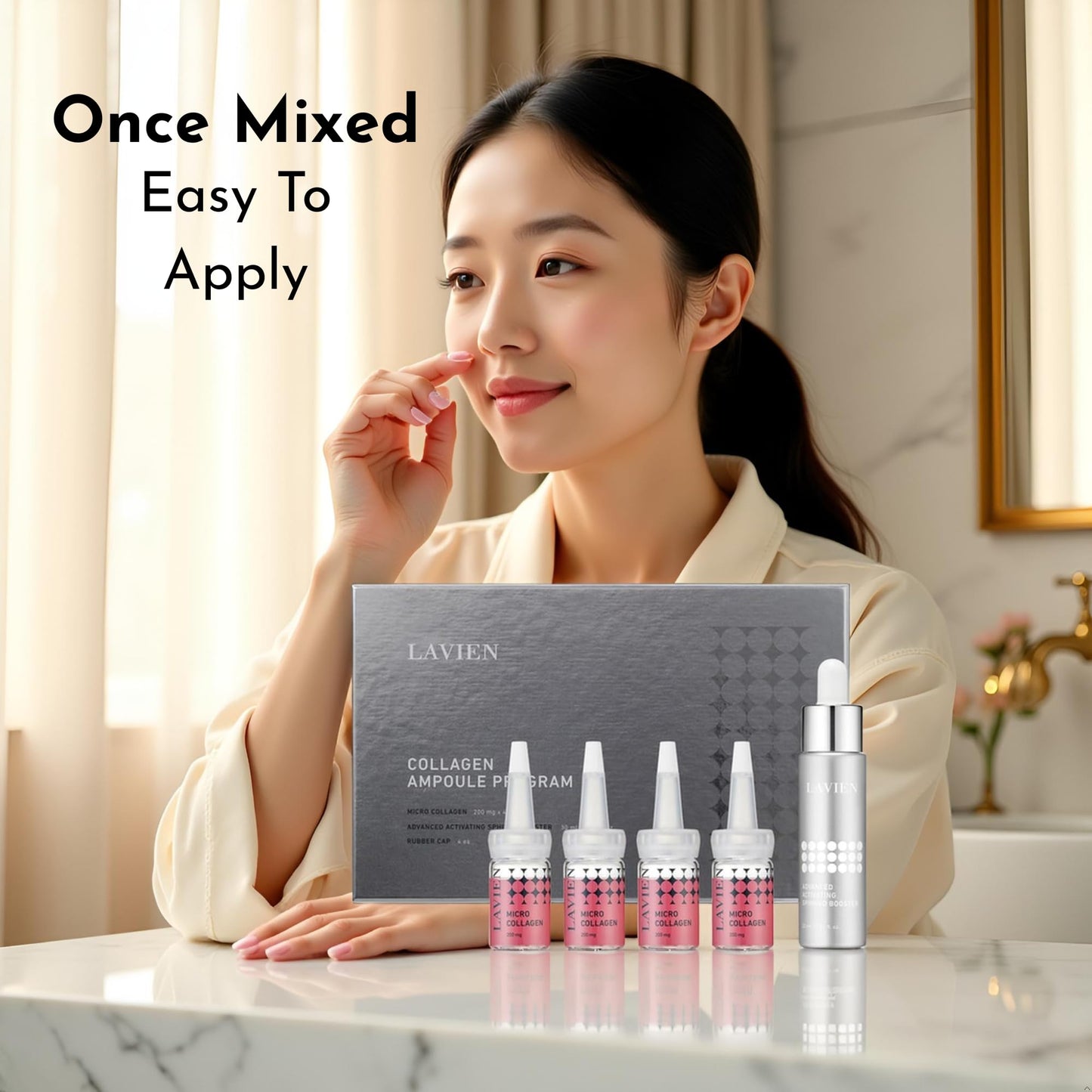 Lavien Collagen Ampoule Program (Pink) - Skin Elasticity, Low Molecule Collagen, Skin Aging Improvement, All Skin Types - 30 ml Buster Bottle, 4-200 mg Collagen with Dropper