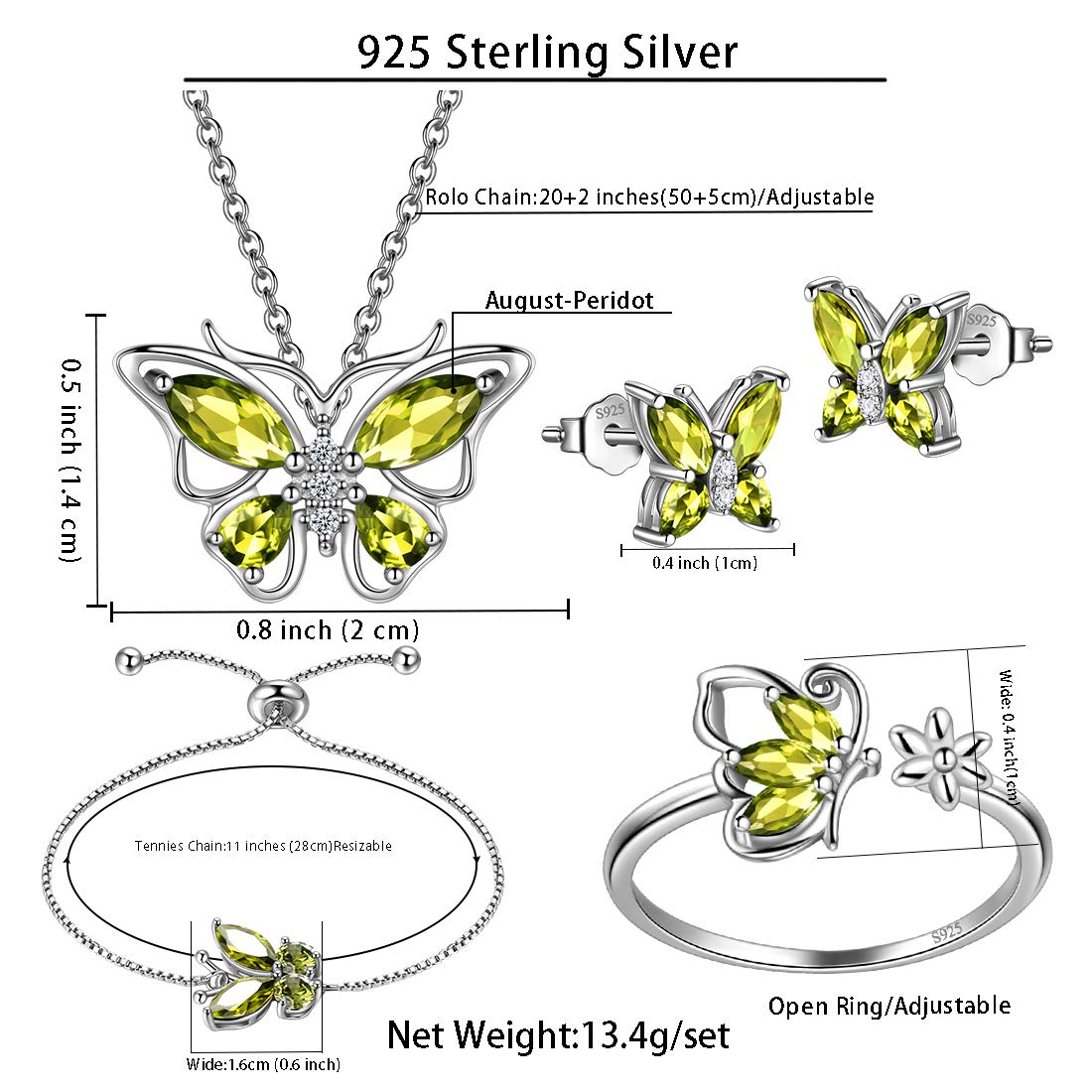 Hipunk Butterfly Green Jewelry Sets Birthstone Women 925 Sterling Silver August-Peridot Birth Stone Animal Butterflies Jewelry Sets/Earring/Ring/Bracelet Set Crystal Birthday Jewelry SS0003A