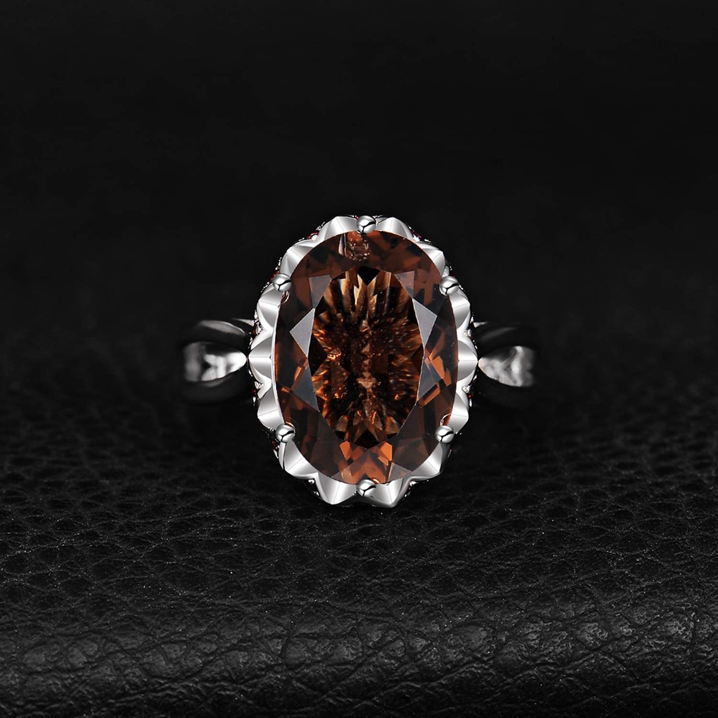 JewelryPalace Huge Oval Shape 5.7ct Genuine Smoky Quartz Cocktail Rings for Her, 14K White Gold Plated 925 Sterling Silver Ring for Women, Natural Gemstone Jewelry Sets Rings 6