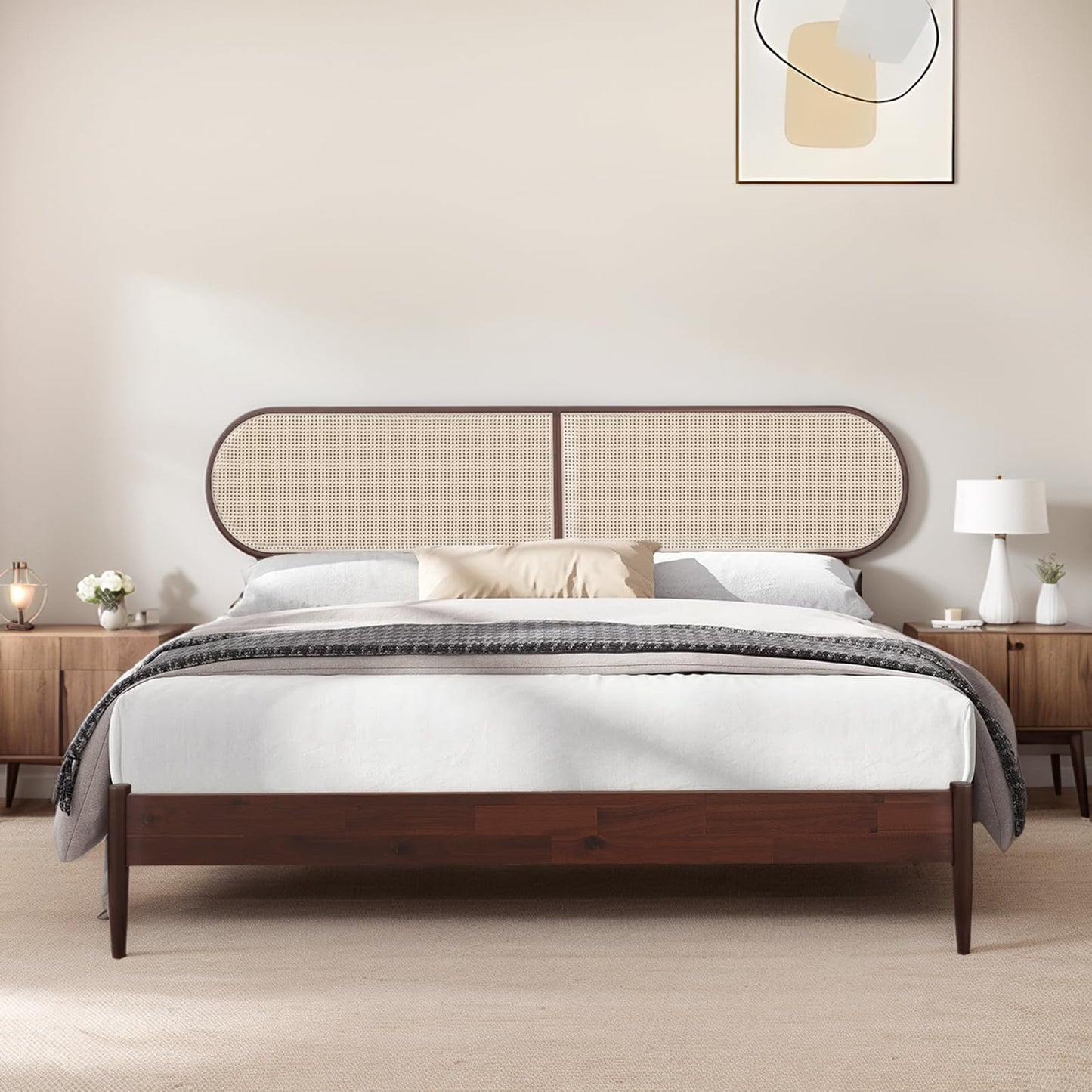 CBHME Queen Bed Frame with Rattan Headboard, Solid Wood Foundation with 12-Slat Wood Support, Bohemian and Mid Century Style, No Box Spring Needed, Dark Walnut