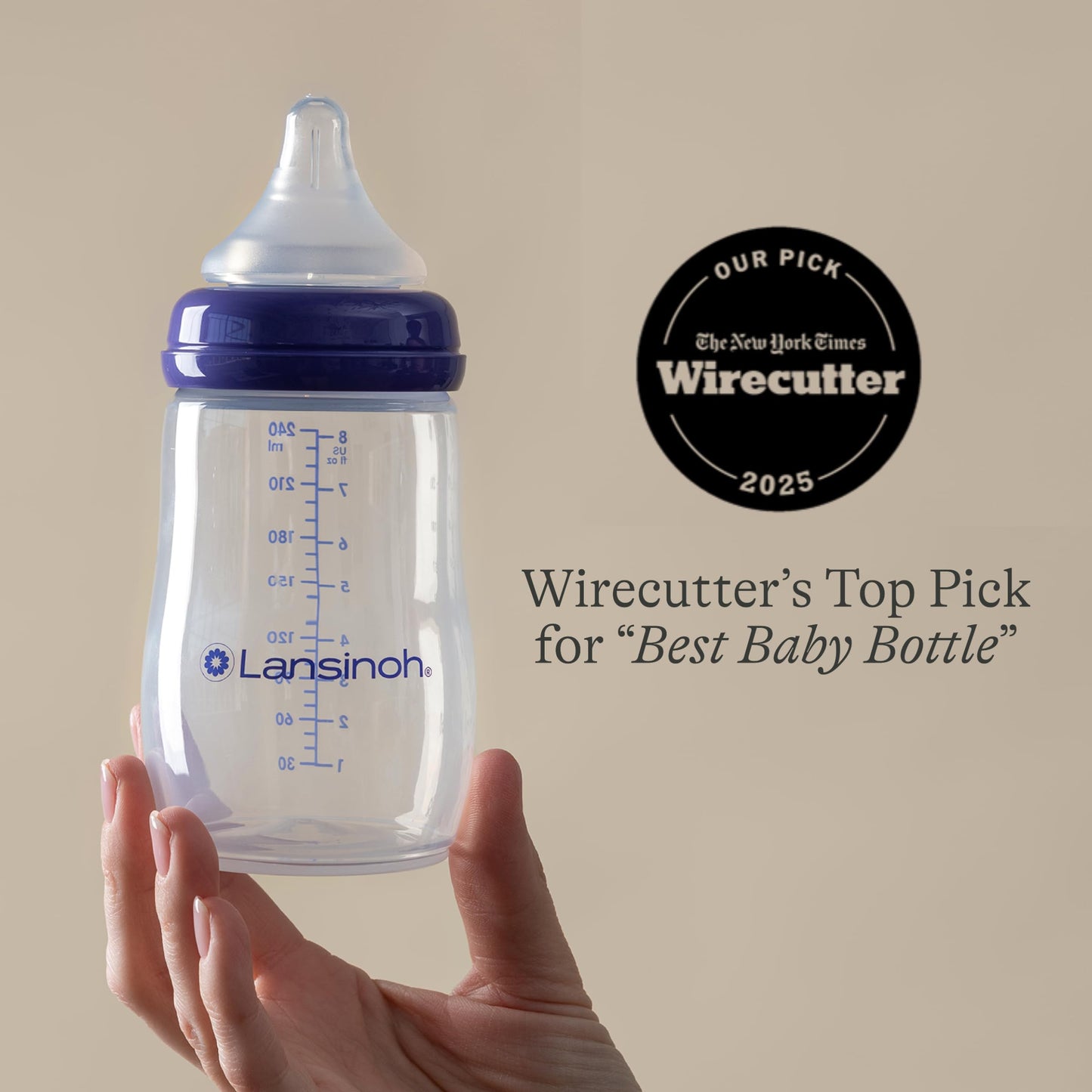Lansinoh Anti-Colic Baby Bottles, BPA-Free Plastic, 8 Ounces, 4 Count, Medium Flow Nipples (Size M), Breastfeeding Bottle with NaturalWave Design