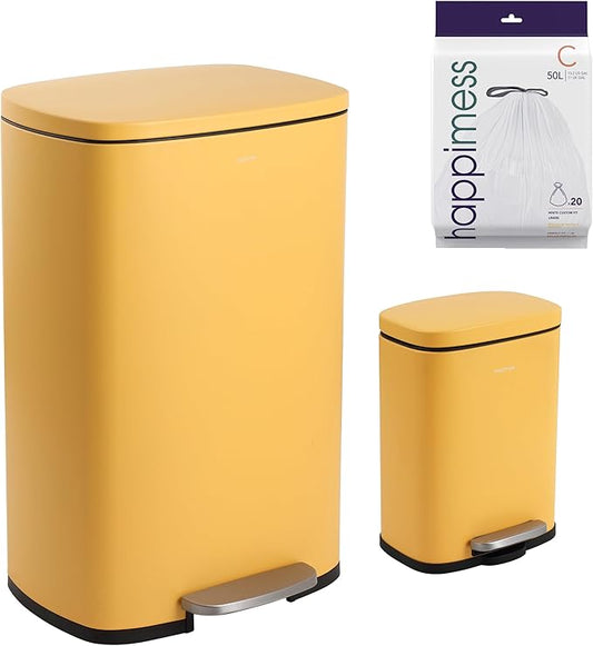 happimess HPM1006L Connor Rectangular 13-Gallon Trash Can with Soft-Close Lid and Free Mini Trash Can, Fingerprint Resistant, Modern, Minimalistic for Home, Kitchen, Office, Bathroom, Daffodil Yellow