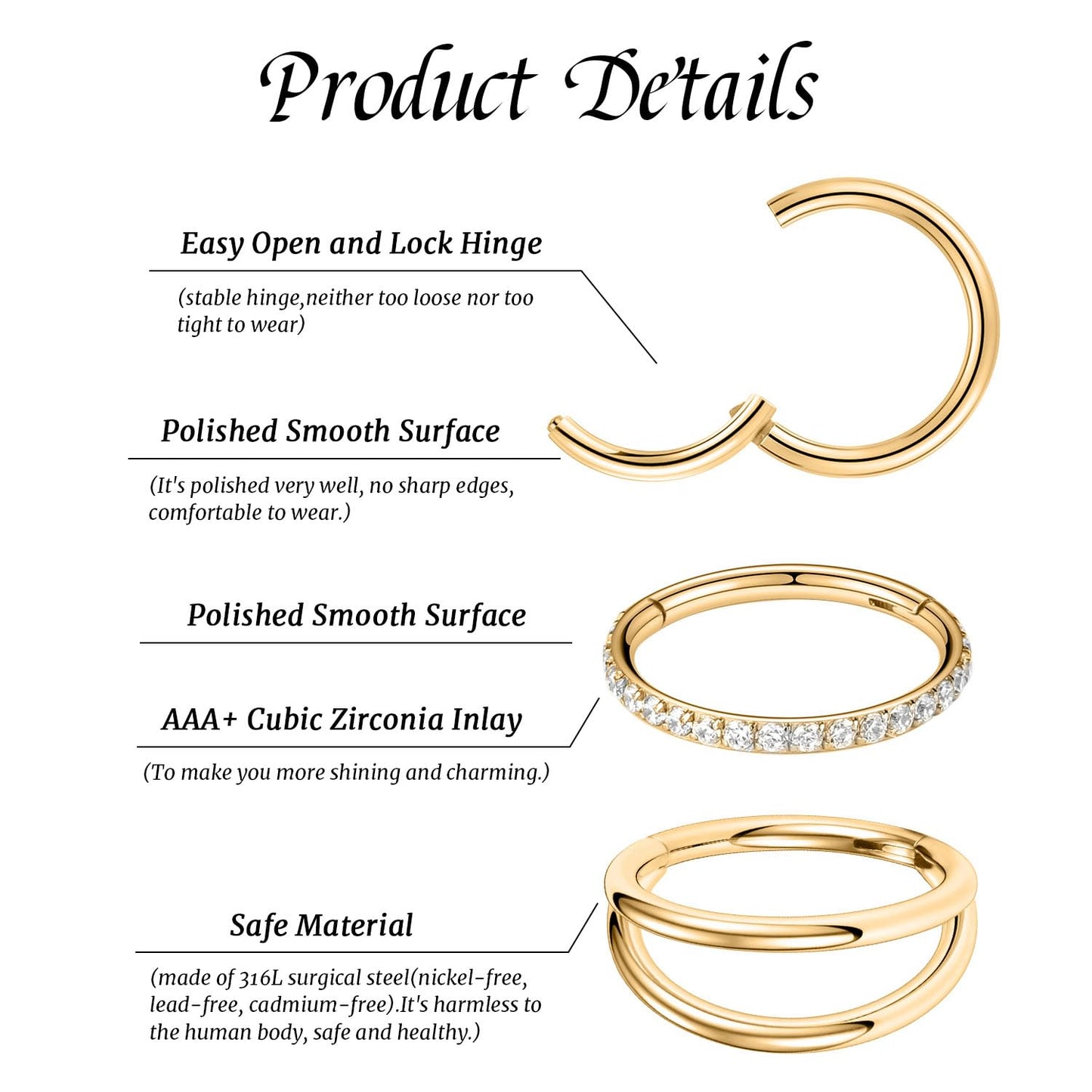 Septum Ring 8mm Septum Jewelry Double Hoop Septum Clicker Gold Conch Piercing Jewelry Nose Ring Hoop 18g Cartilage Earring with CZ Lip Rings Nose Hoop Surgical Steel Helix Earrings Nose Jewelry