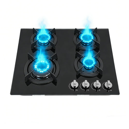 23Inch 4 Burner Built-In Lpg Gas Stovetop,Drop-In Gas Hob with Independent Control Knobs&Backfire Protection,Black Tempered GlassGas Cooktop