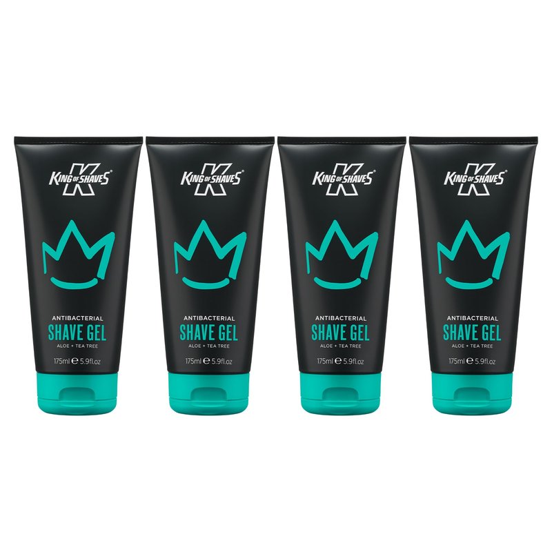 King of Shaves Antibacterial Shave Gel for Men Quad Pack Clear Low Foam Shaving Gel for Sensitive Skin, Aloe Vera & Tea Tree, Precision Beard Shaping, Vegan, 96% Naturally Derived 4 x 5.9 FL OZ