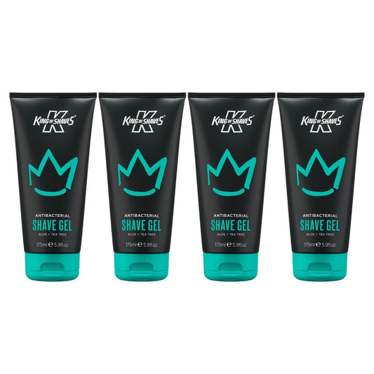 King of Shaves Antibacterial Shave Gel for Men Quad Pack Clear Low Foam Shaving Gel for Sensitive Skin, Aloe Vera & Tea Tree, Precision Beard Shaping, Vegan, 96% Naturally Derived 4 x 5.9 FL OZ