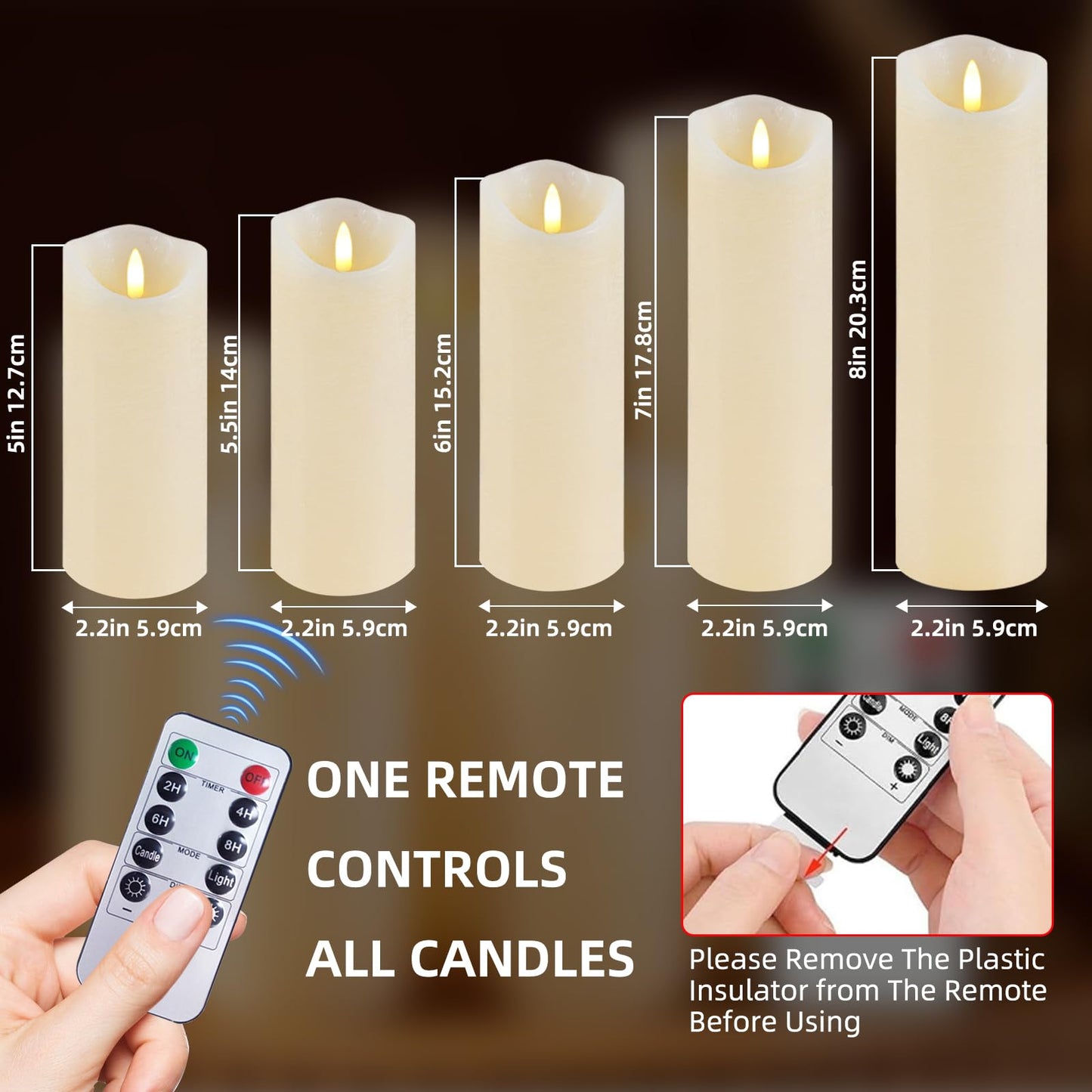 MiKoyi Flameless Pillar Candles with Remote, Battery Operated Candles Real Wax, [5-Pack] Fake LED Flickering flameless Candle with Timer Function for Room Home Decor (2.2" * 5/5.5/6/7/8"") - White"