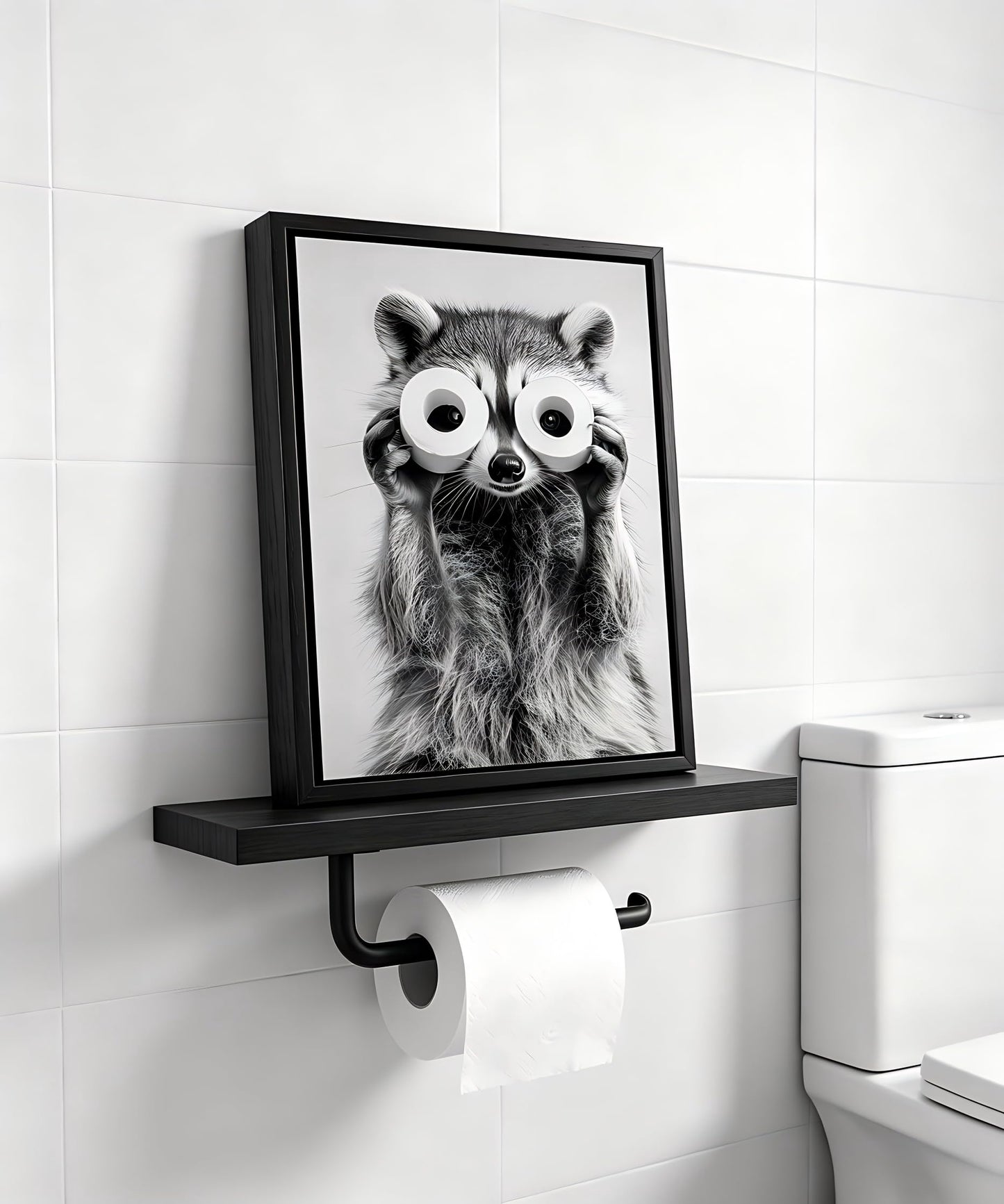 Framed Adorable Raccoon Bathroom Canvas Wall Art Toilet Paper Raccoon Wall Decor Pictures Funny Black and White Bathroom Animal Posters Prints for Restroom Home Decoration 8x10in