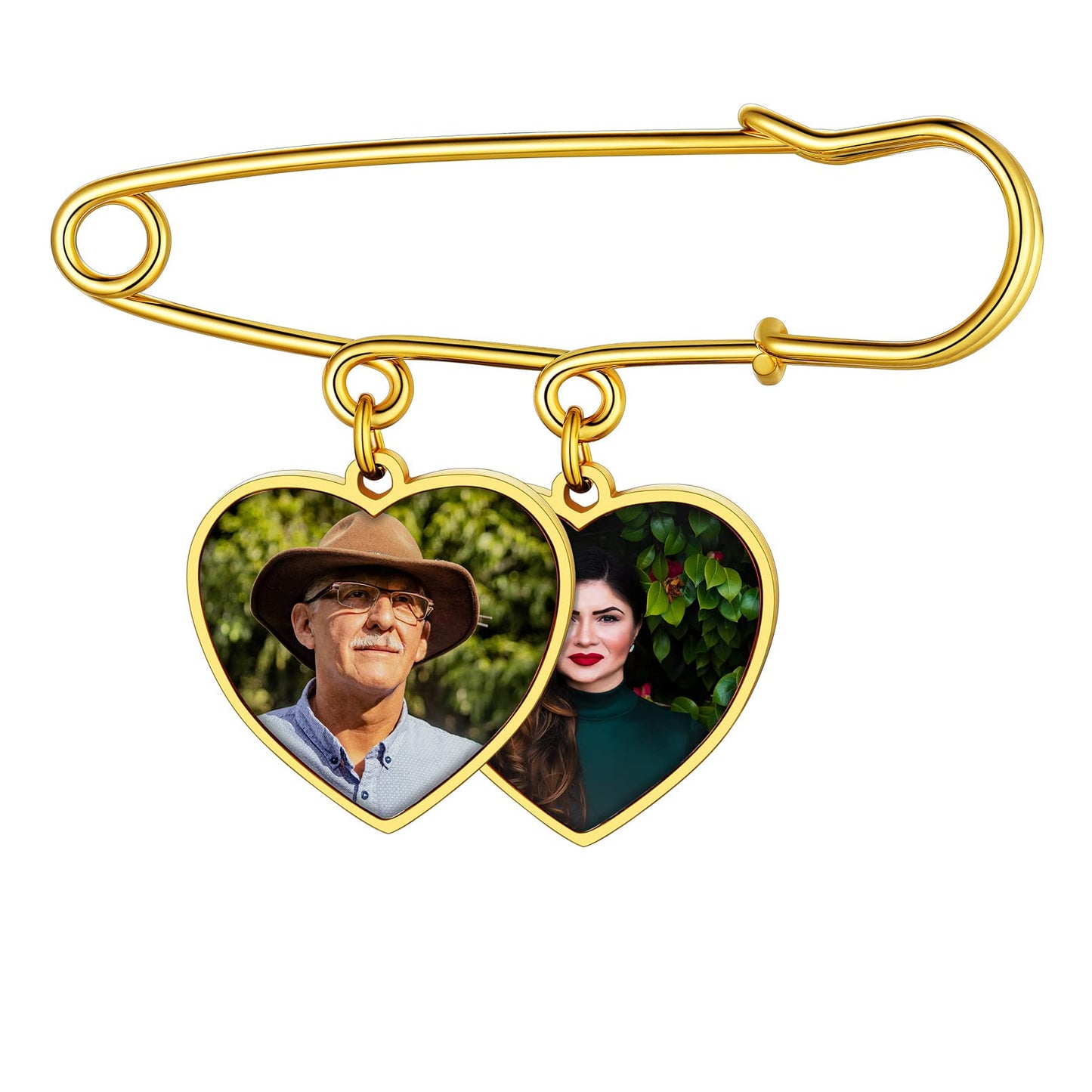 Custom4U Memorial Charm for Wedding Bouquet Heart Shaped Memory Charms Brooch Pins Funeral Boutonniere with 2 Pictures Engraved