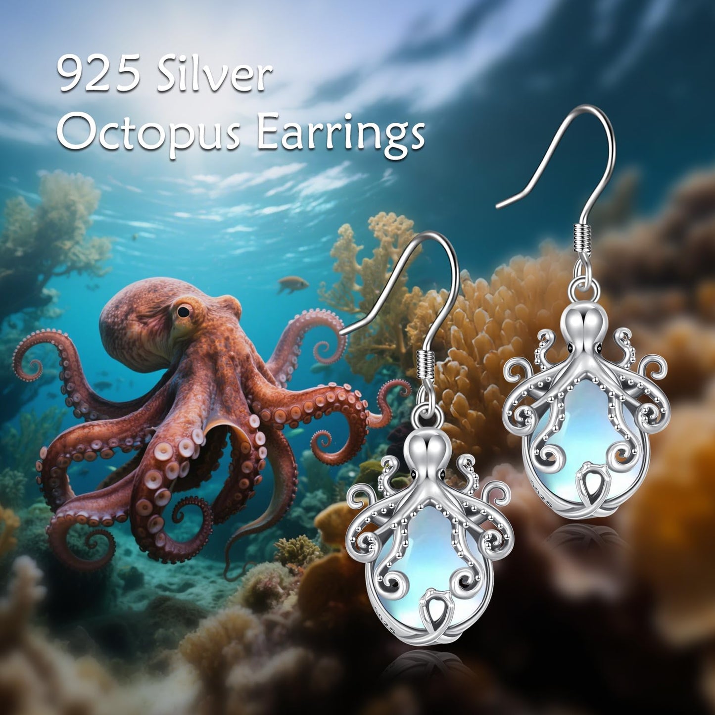 YAFEINI Octopus Earrings 925 Sterling Silver Moonstone Octopus Dangle Earrings Tentacle Octopus Jewelry Christmas Gifts for Women