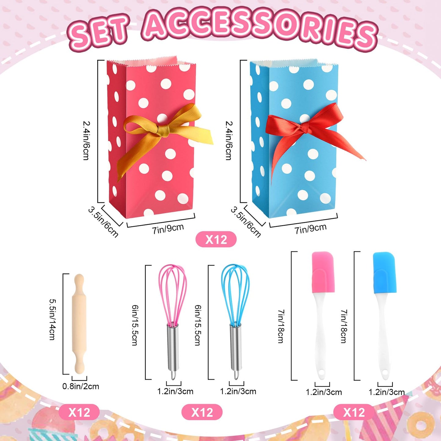 Glimin 48 Pcs Kids Mini Baking Supplies with Spatula, Rolling Pin, Whisk, Gift Bags for Kids Cooking Classroom School Exchange Party Favors