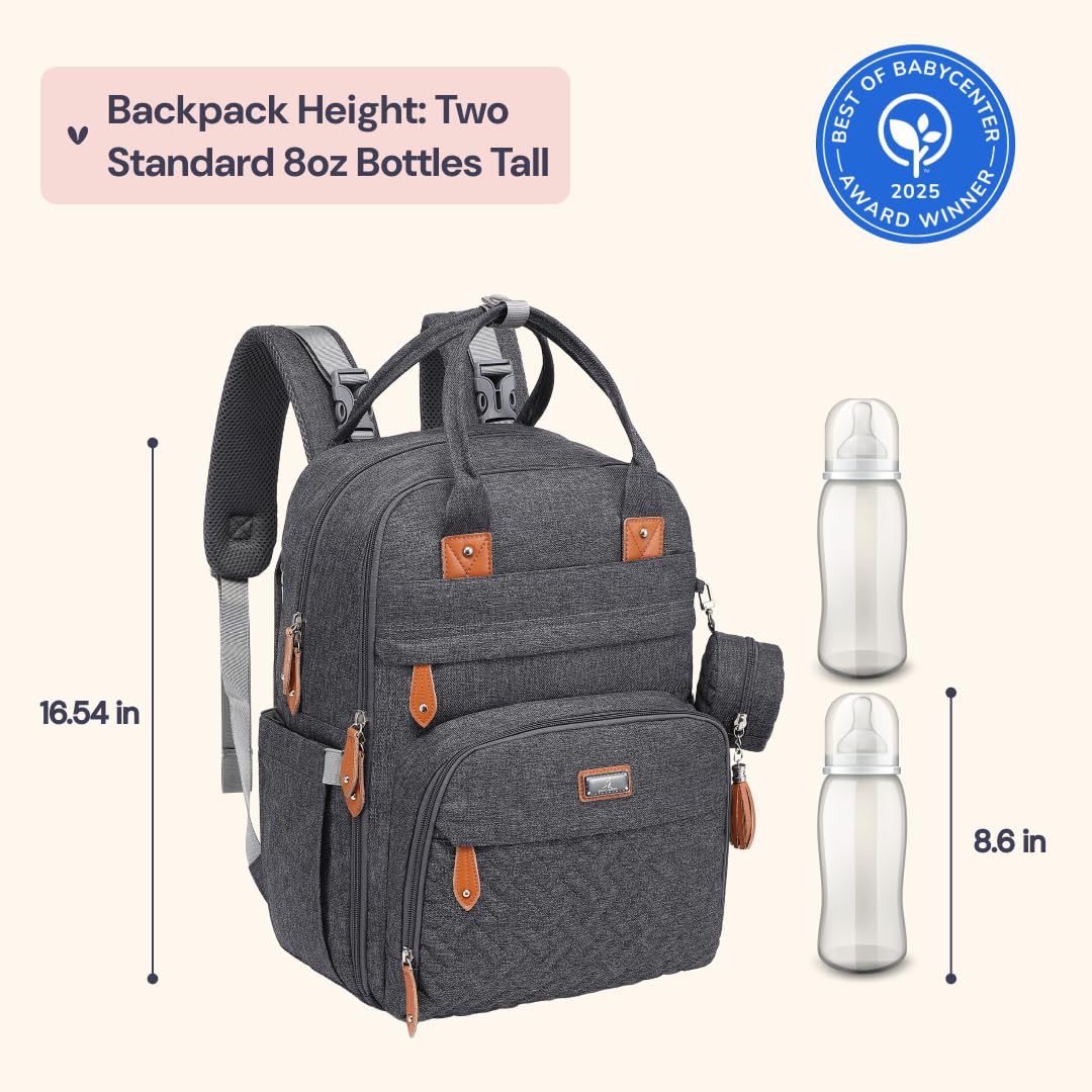 BabbleRoo Diaper Bag Backpack - Baby Essentials Travel Tote - Multi Function Water Resistant Diaper Bag, Travel Essentials Baby Bag with Changing Pad, Stroller Straps & Pacifier Case - Dark Gray