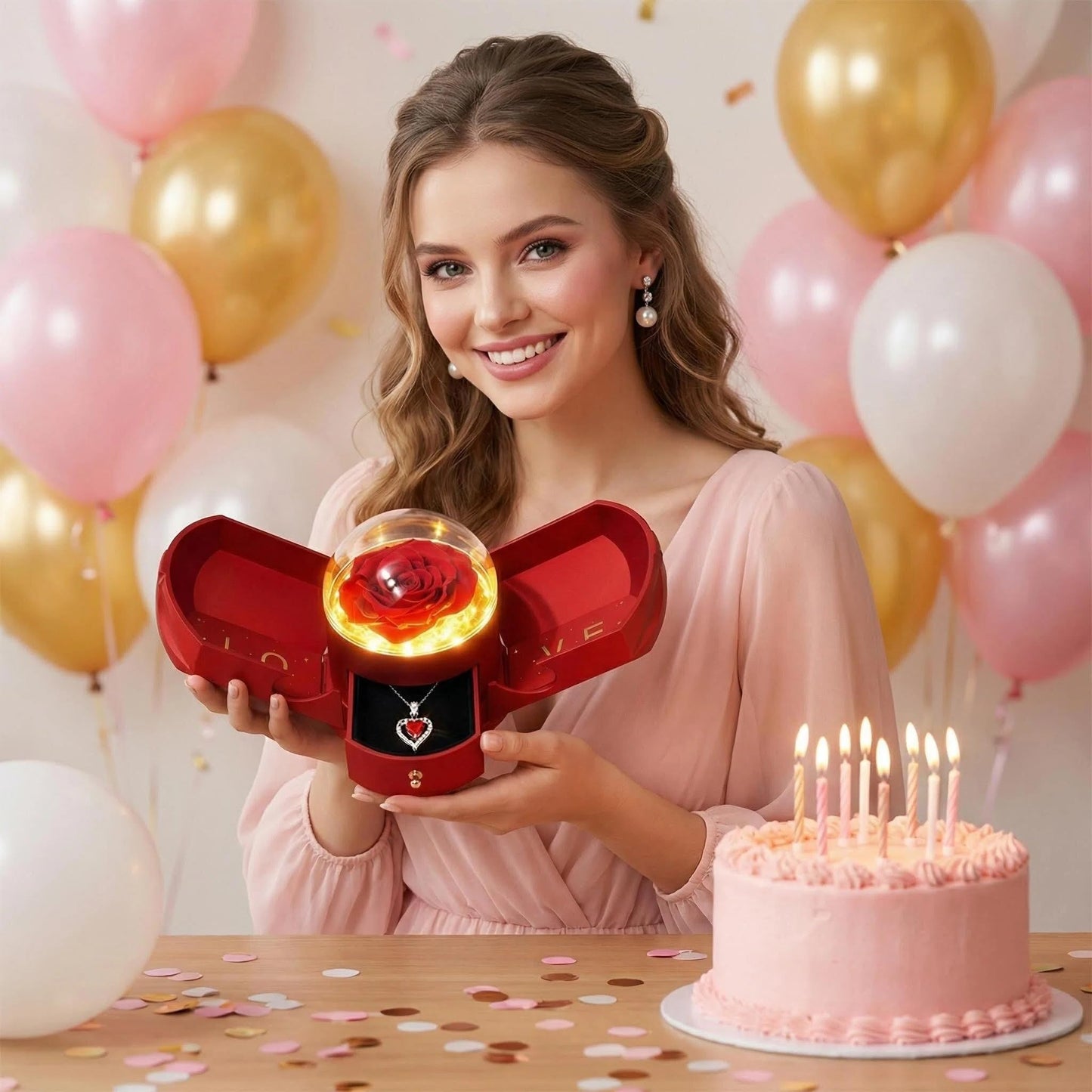 Mifgra Preserved Rose Jewelry Gift Box with Heart Necklace – Eternal Rose LED Light Gift Set for Women, Perfect for Valentine's Day, Birthday, Mother's Day, Girlfriend, Wife, Mom