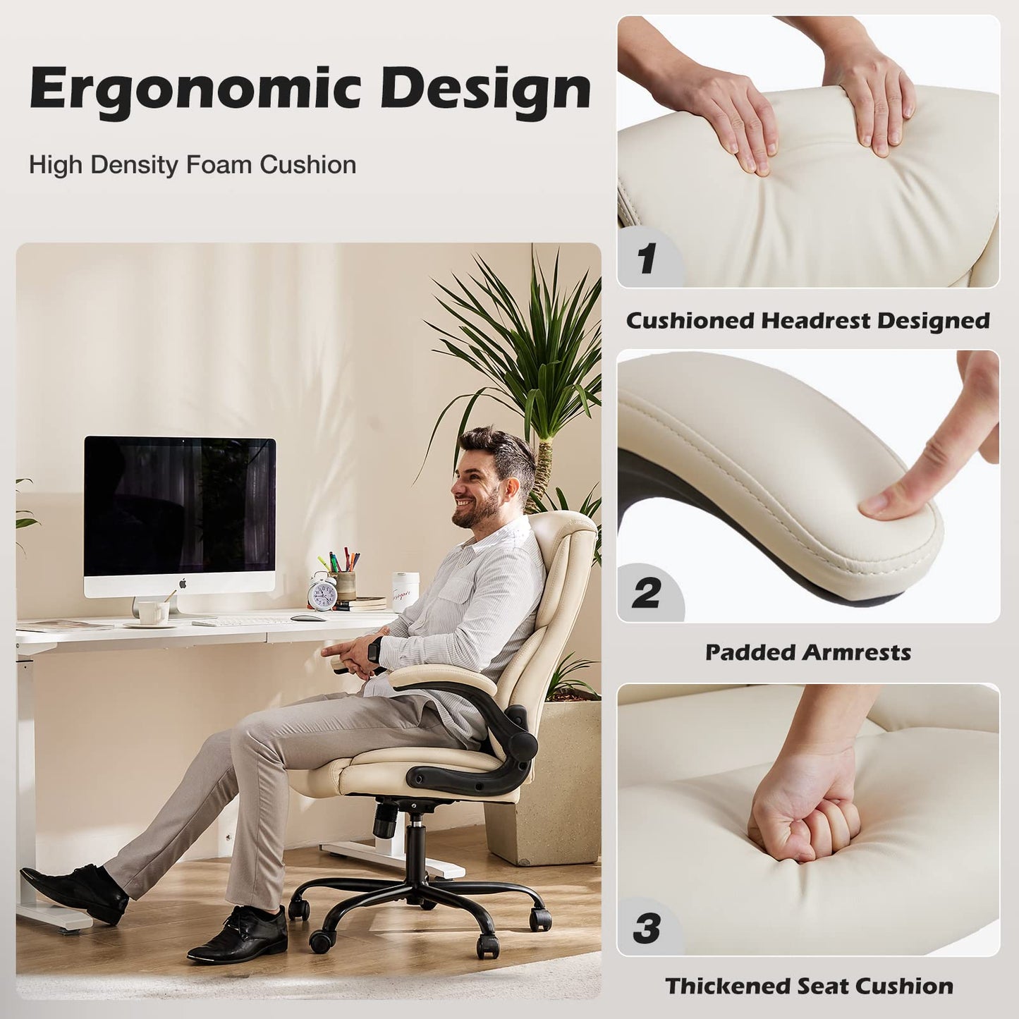 Office Chair - Ergonomic Executive Computer Desk Chairs with Adjustable Flip-up Armrest, Swivel Task Chair with Lumbar Support, Strong Metal Base, PU Leather, White