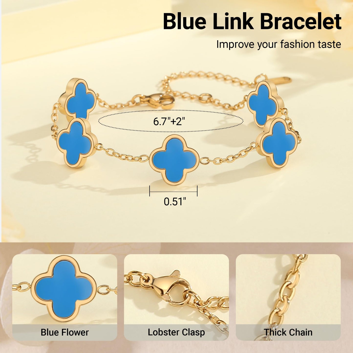 CORSMGSE 18K Gold Plated Clover Lucky Bracelet for Women Gold White Black Pink Green Red Blue Adjustable Double Sided Flower Four Leaf Link Bracelets Trendy Jewelry Gifts for Women Men