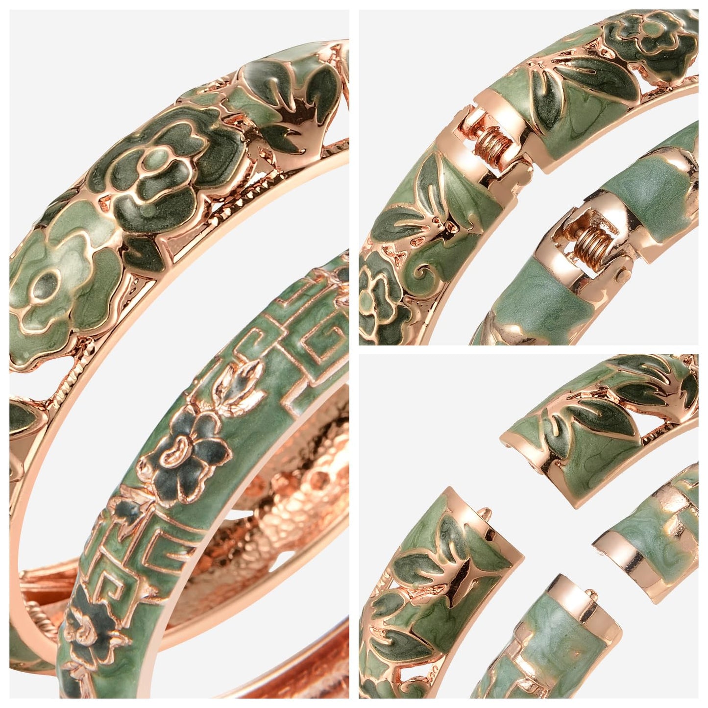 wynameleri Vintage Cloisonne Jewelry Gorgeous Rhinestone Handcrafted Bracelets Enamel Flower Bird Hinged Cuff Bangles Gifts 88C06-55A114 Green