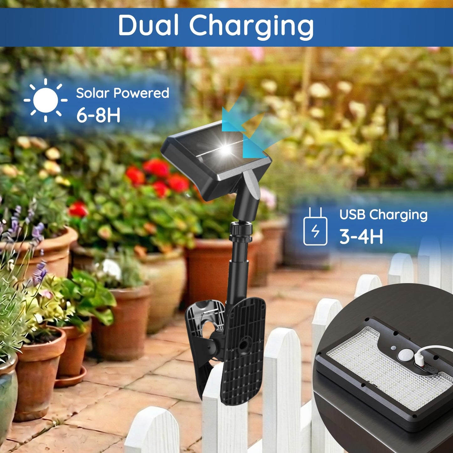 Clip On Solar Lights Outdoor with Motion Sensor, 3 Modes Solar Fence Lights with 3CCT, Adjustable, USB Solar Powered, IP65 Waterproof Motion Sensor Outdoor Lights for Yard Deck Gutter(2 Pack,Black)
