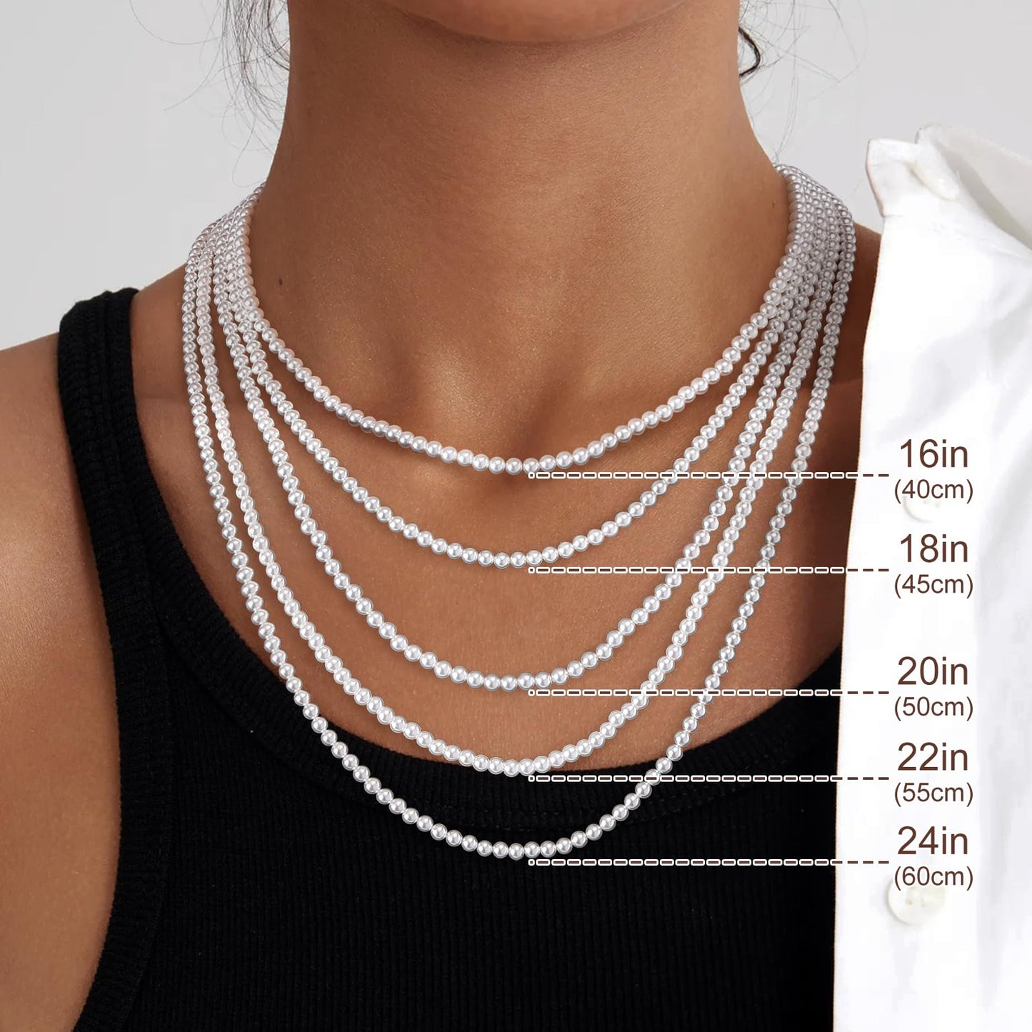 MJartoria Pearl Necklace for Men, 16''-24'' Pearl Necklaces for Women, 6/8mm White Pearl Choker Necklace Trendy Jewelry Gifts for Women Men (16 inches, 4mm)