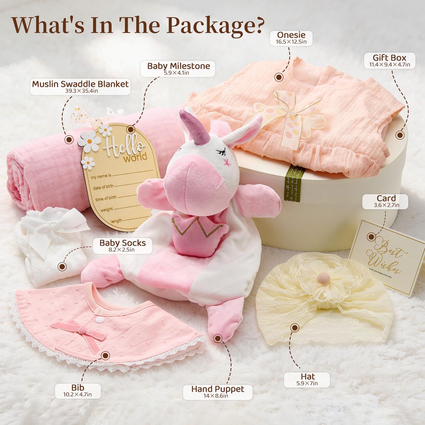 TUZT Newborn Baby Girl Gift Set, 9PCS Baby Shower Gift Box with Onesie Blanket Hand Puppet Milestone Card, New Born Essentials Birthday Present Hospital Homecoming Photography Outfit for Girls