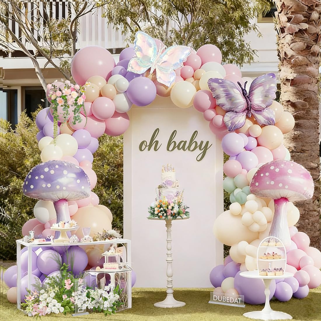 Pastel Balloon Arch Garland Kit,146Pcs Pink Purple Nude White Mushroom Buttefly Balloons for Girls Fairytale Spring Garden Tea Party Bride Baby Shower