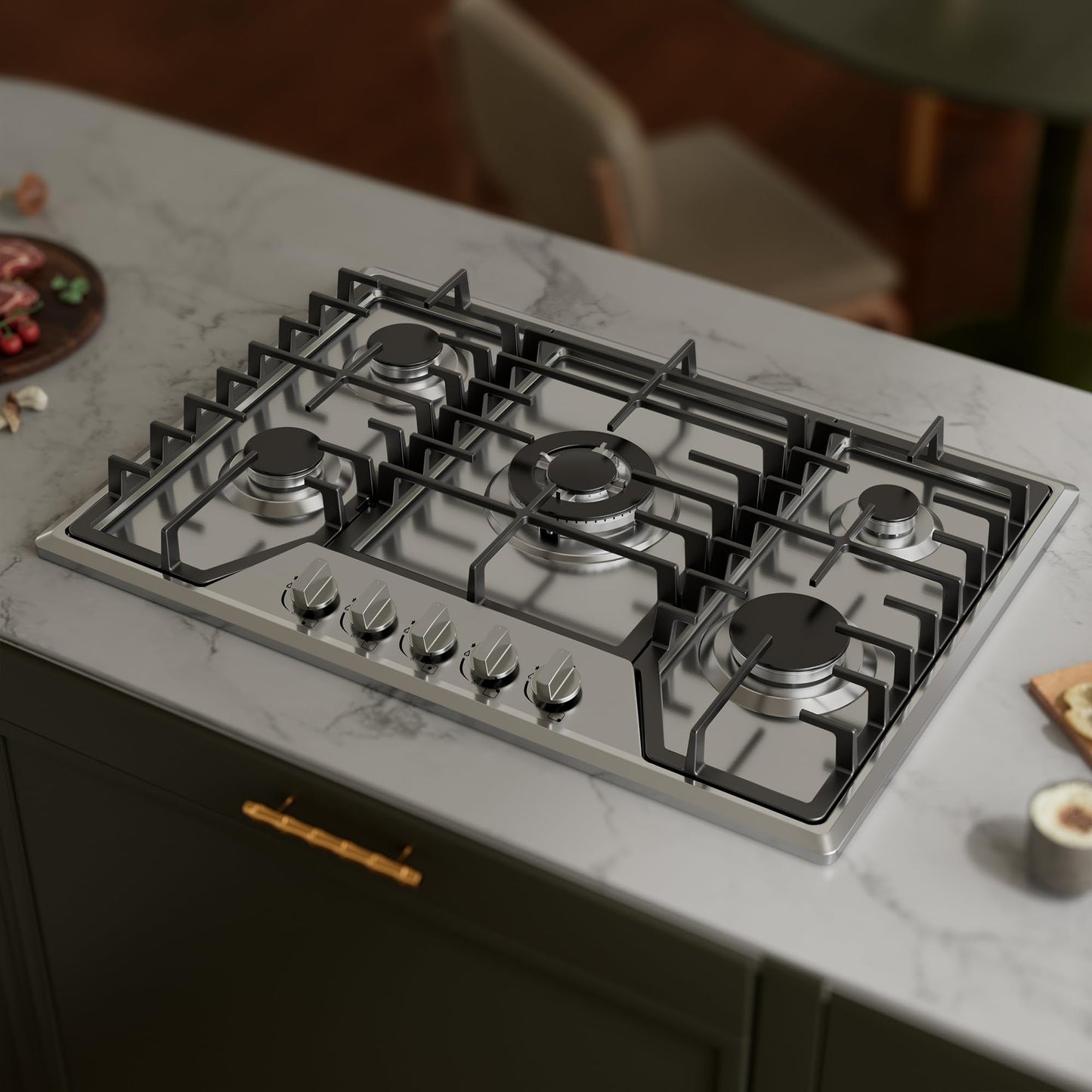 30 inch Gas Cooktop with 5 Sealed Burners, Stainless Steel Drop-in Stove Top, Dishwasher Safe Cast Iron Grates, NG/LPG Convertible, 38K BTU
