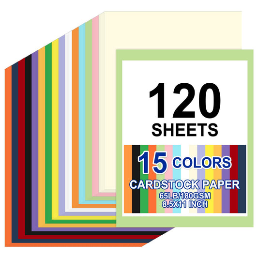 120 Sheets Cardstock 8.5x11, 65lb Colored Card Stock, 15 Assorted Colors Construction Paper, 180gsm Thick Printer Paper for Printing, Painting, Card Making, Kids School Supplies,Party Decorations