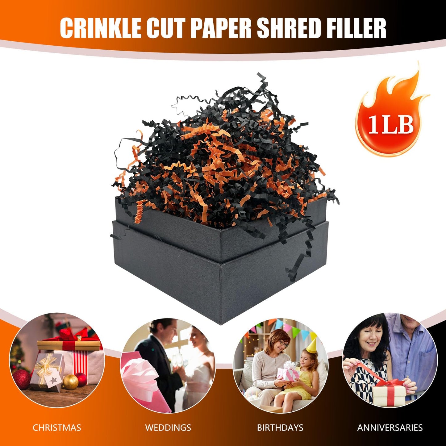 Tisspoms Halloween Crinkle Cut Paper Shred Filler, 1 LB Basket Filler Shredded Paper, Confetti Stuffing for Basket Filling, Birthdays, Weddings, DIY Gift Wrapping, Stuffer Party Supplies Black Orange