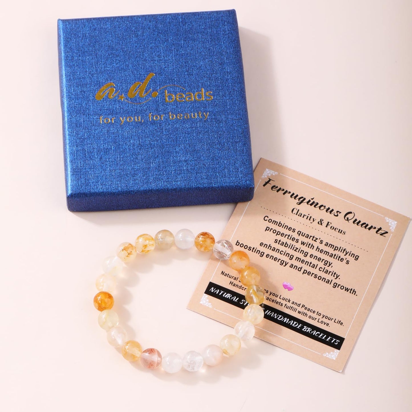 AD Beads 8mm Handmade Ferruginous Quartz Elastic Bracelet – Natural Gemstone for Clarity & Focus – Meditation, Yoga, Healing and Energy Gift for Men Women
