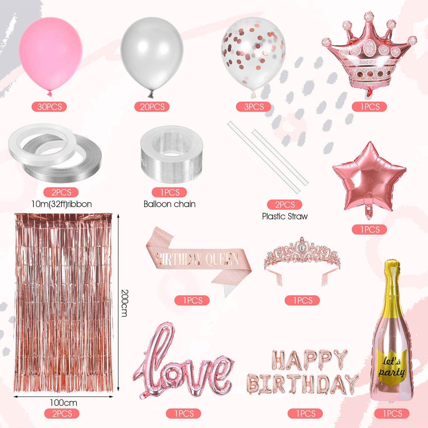 Ckhoid 60PCS Birthday Party Decoration Rose Gold Party Backdrop with Happy Birthday Banner Pink Fringe Curtain Foil & Confetti Crown Wine Bottle Lipstick Birthday Balloons for Women Birthday Party