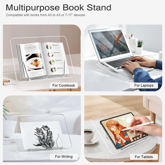 Acrylic Book Stand, Angle Adjustable Book Display Stand,Foldable Cookbook Stand, Lightweight Book Holder for Magazines, Laptop, Recipe, Textbook
