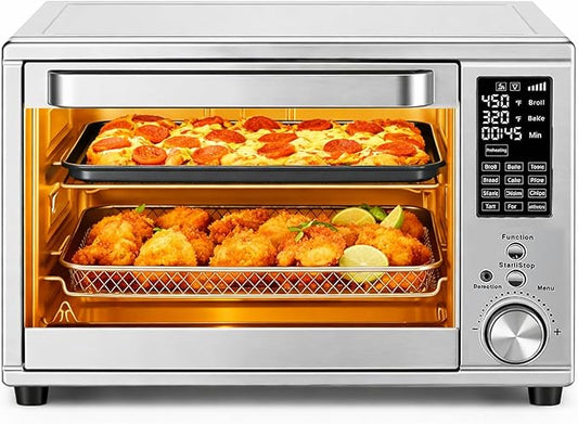 HealSmart 12-in-1 Air Fryer Toaster Oven Combo Extra Large Door with Smart Probe, 29.6QT Oven Countertop 12 Functions in 1, 7 Accessories Included, Stainless, Up to 450°F