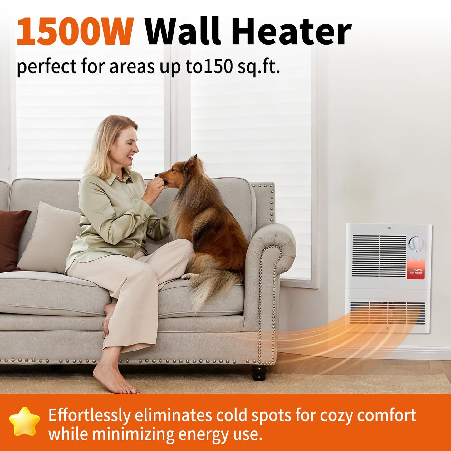 9815WH High Capacity Wall Heater with Built-In Adjustable Thermostat and Silent Motor, 1500W Large Capacity Electric Wall Heater for Bathroom, Bedroom, Living Rooms, Overheat Protection, 120/240V