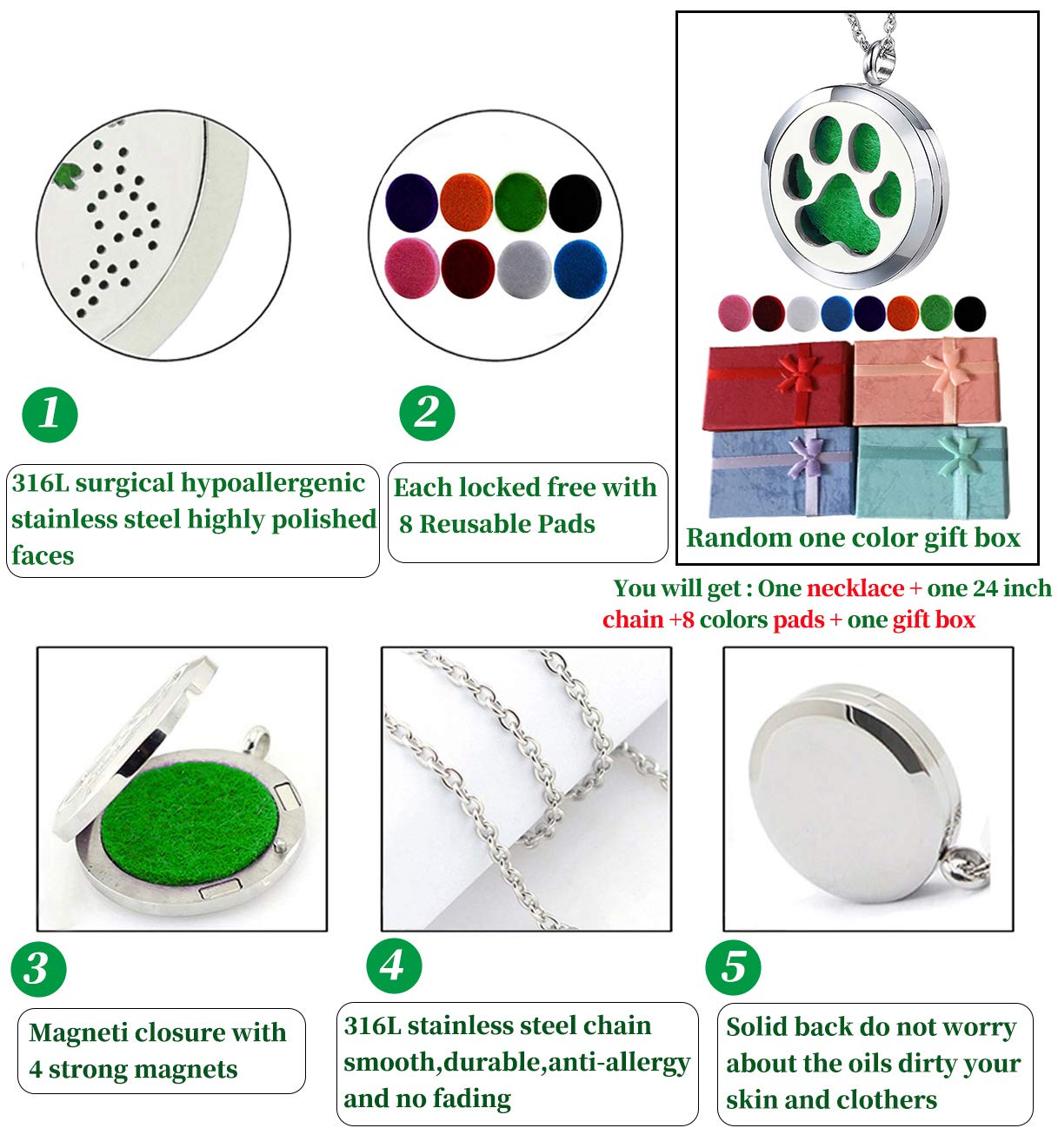 Popeoiuh Dog Paw Essential Oil Diffuser Necklace - Aromatherapy Charm Locket Stainless Steel Chain Diffuser Pendant Jewelry for Women Men Teen Birthday Christmas
