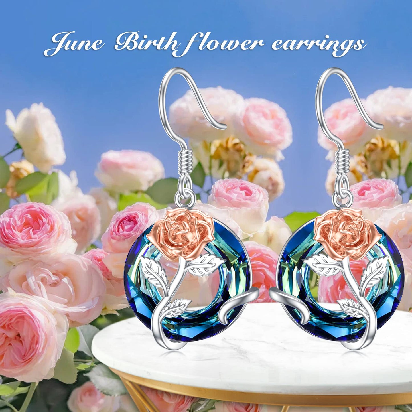 TOUPOP June Birth Flower Earrings Rose Flower Drop Dangle Earrings Blue Crystal Jewelry Birthday Mothers Day Gifts for Women Mom Her
