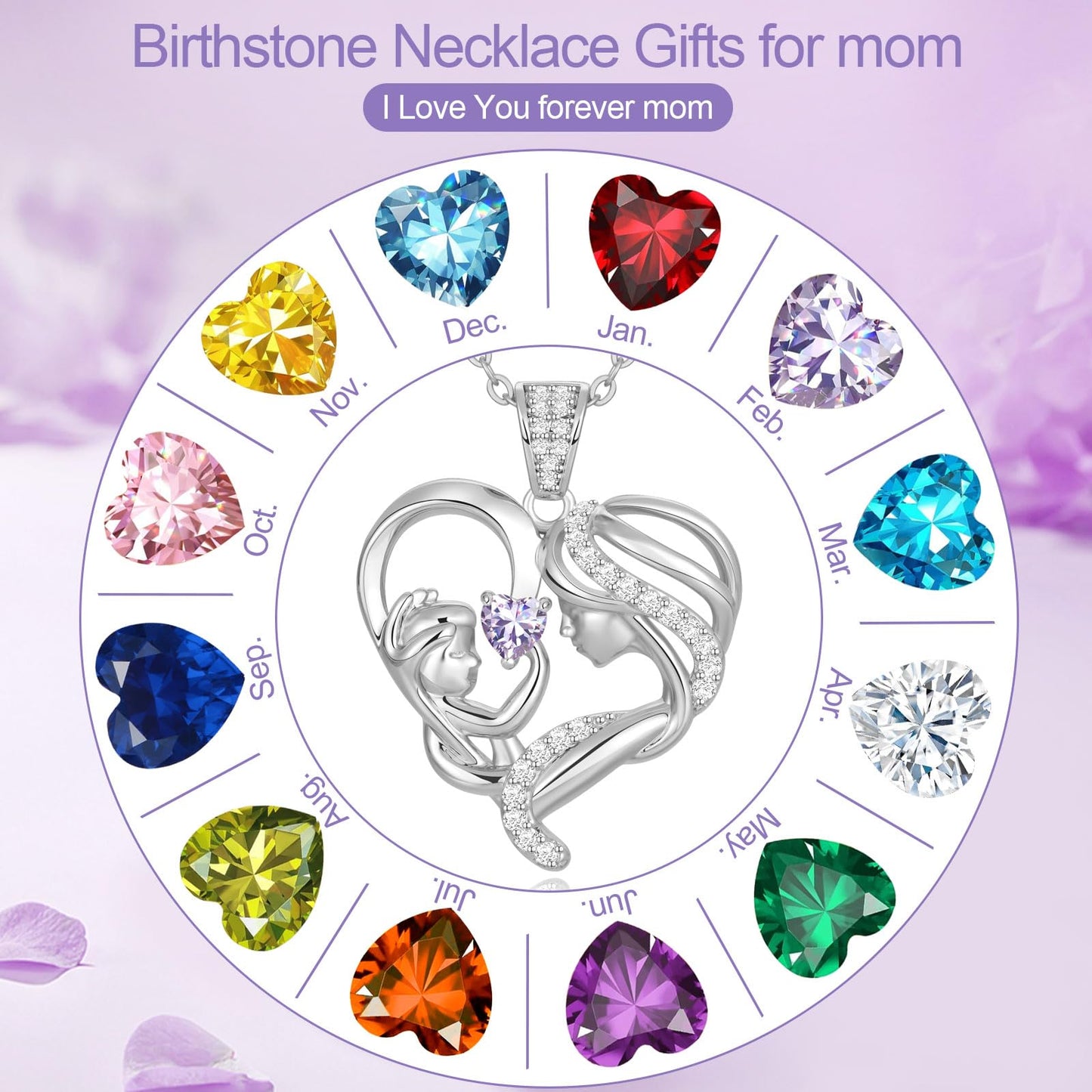 Zifeel Mothers Day Gifts for Mom Wife Her Grandma, S925 Sterling Silver Birthstone Necklaces Jewelry for Women, Mother's Day Love Heart Pendant Necklace for Anniversary Birthday Christmas Day