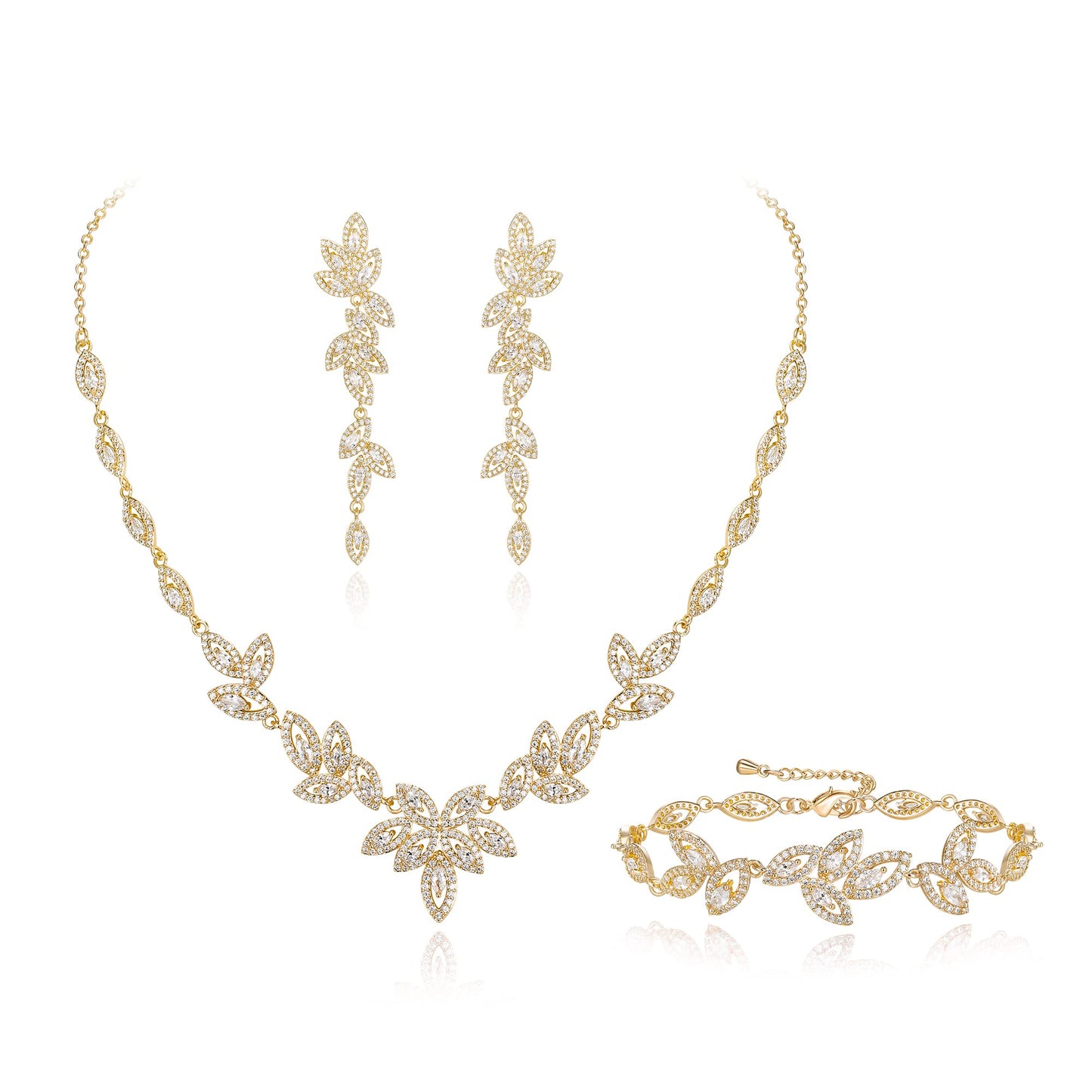 EVER FAITH Cubic Zirconia Bridal Jewelry Set for Bride Bridesmaid, Elegant Marquise Leaf Necklace Dangle Earrings Bracelet Sets for Woman Clear Gold-Plated-Brass