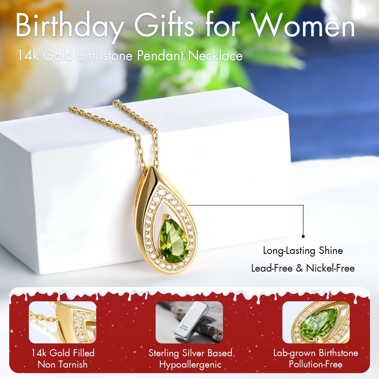 Kstyle 14k Gold Peridot August Birthstone Pendant Necklaces for Women Valentine's Day Birthday Gift Anniversary Jewelry for Wife Daughter Grandma Mom Sister Non Tarnish