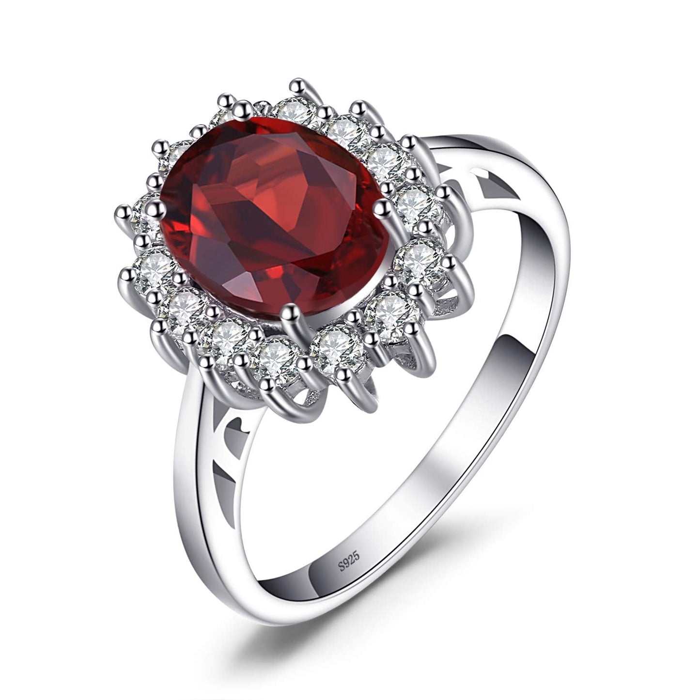 JewelryPalace Princess Diana Kate Middleton Gemstone Birthstone Genuine Red Garnet Halo Statement Engagement Rings for Women, 14K White Gold Plated 925 Sterling Silver Promise Rings for Her Size 10.5