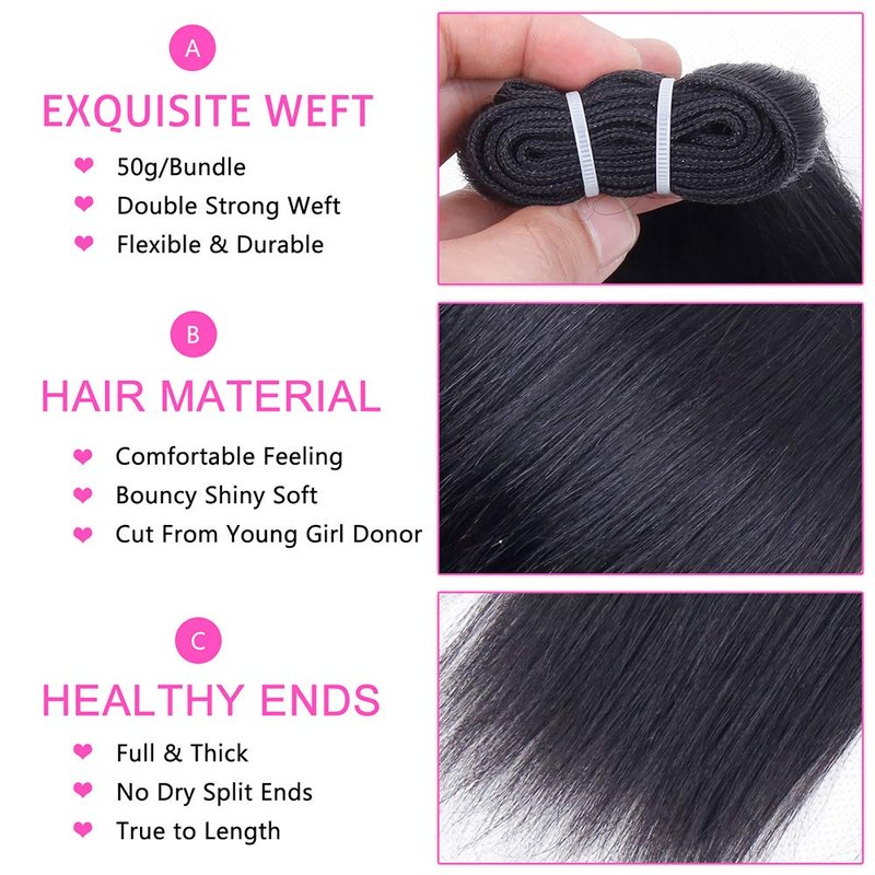 Brazilian Straight Human Hair Bundles with Closure(10 10 10+10) Straight 3 Bundles with Closure 50g 10A Unprocessed Straight Virgin Short Bob Hair Bundle Natural Black Color