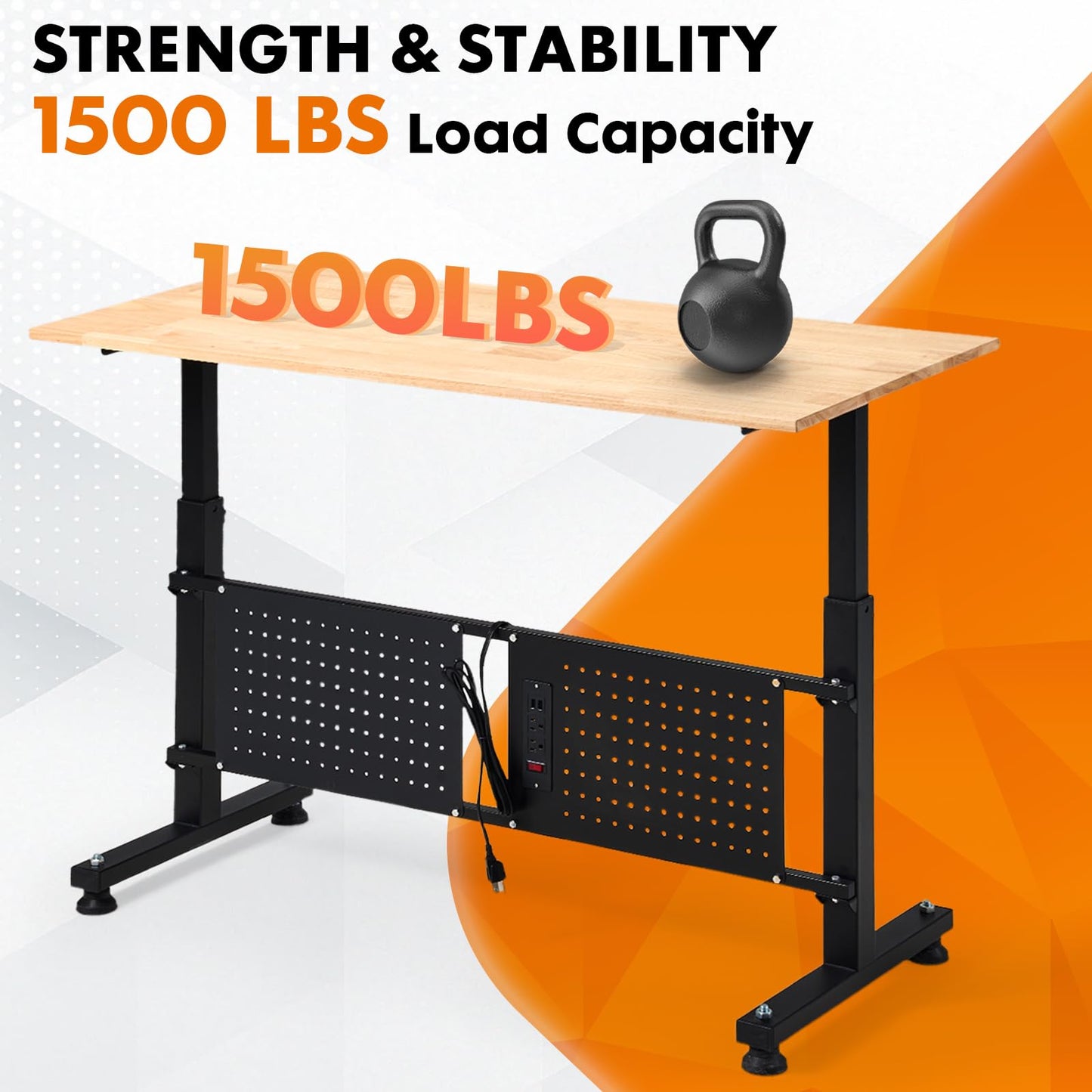 GVGBUK 48 Inch Adjustable Height Workbench, 1500 LBS Capacity Garage Work Table with Power Outlets, USB Ports & Pegboard, Solid Wood Top Work Bench for Workshop, Office, Garage