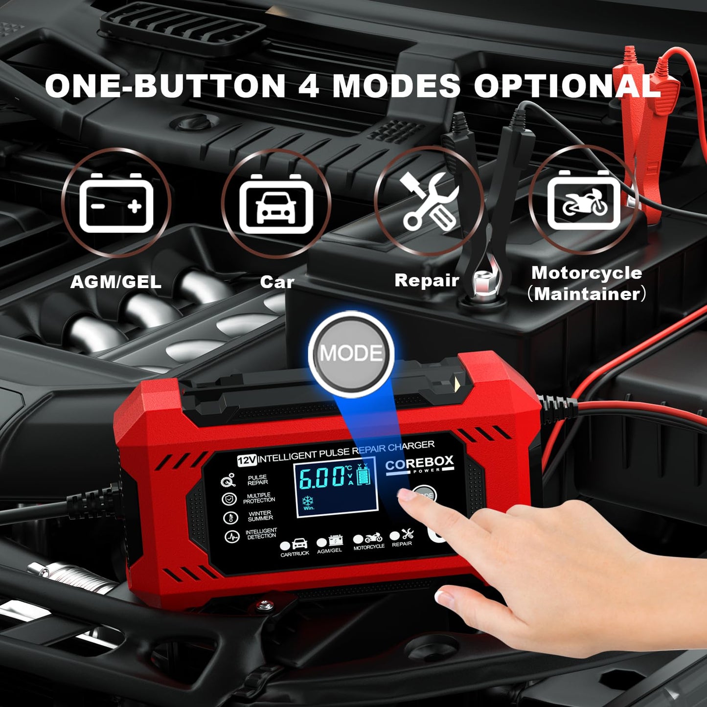 Corebox Battery Charger 6-Amp 12V Automatic Smart Battery Trickle Charger, Battery Maintainer Desulfator with Temperature Compensation for Car Truck Motorcycle Lawn Mower Marine